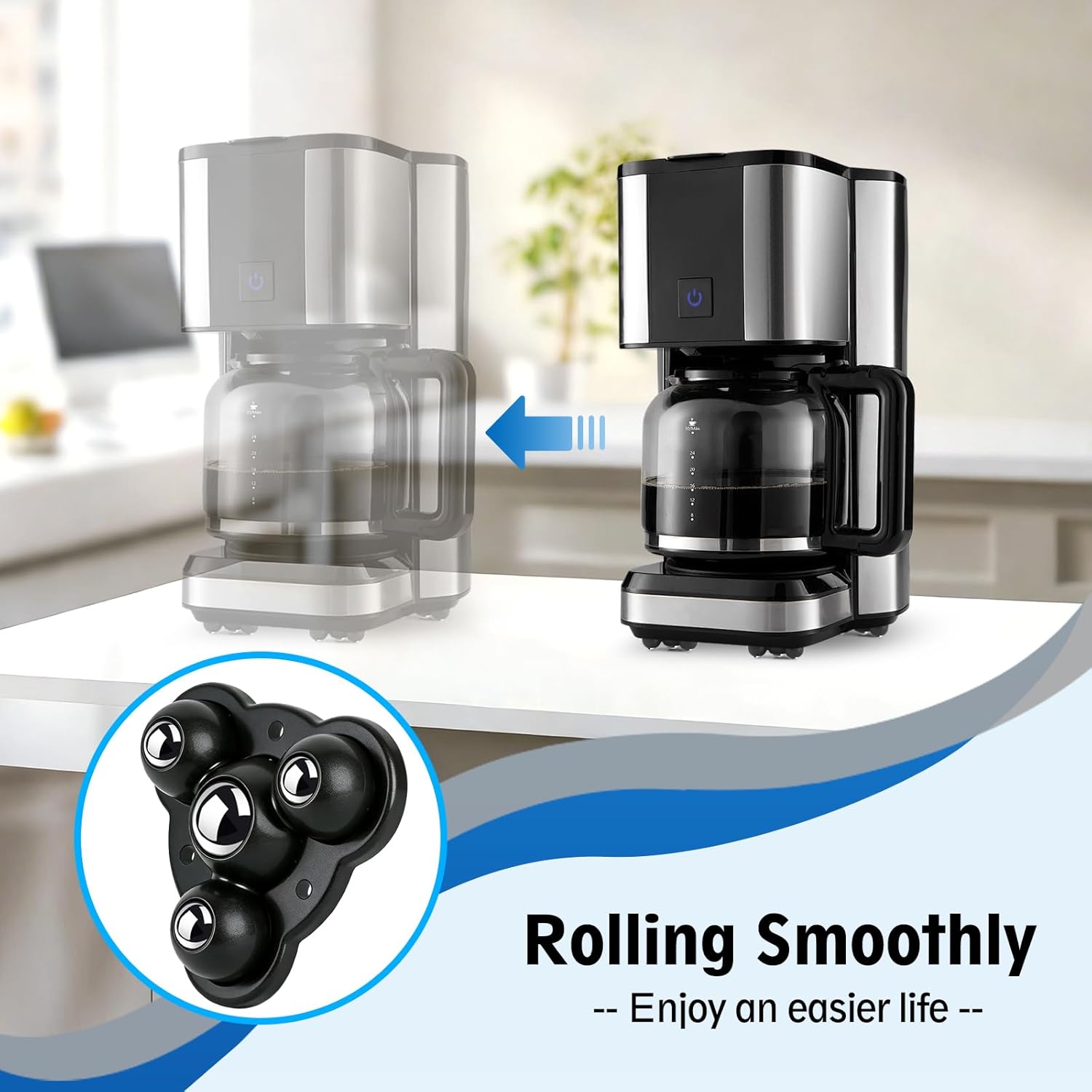 Self Adhesive Caster Wheels Mini Swivel Universal Rollers for Furniture | Load 80LBS, Stainless Steel Ball, Low-Profile, Stick on, Storage Bins, Easy Sliding Small Appliances on Countertop (8, Black)