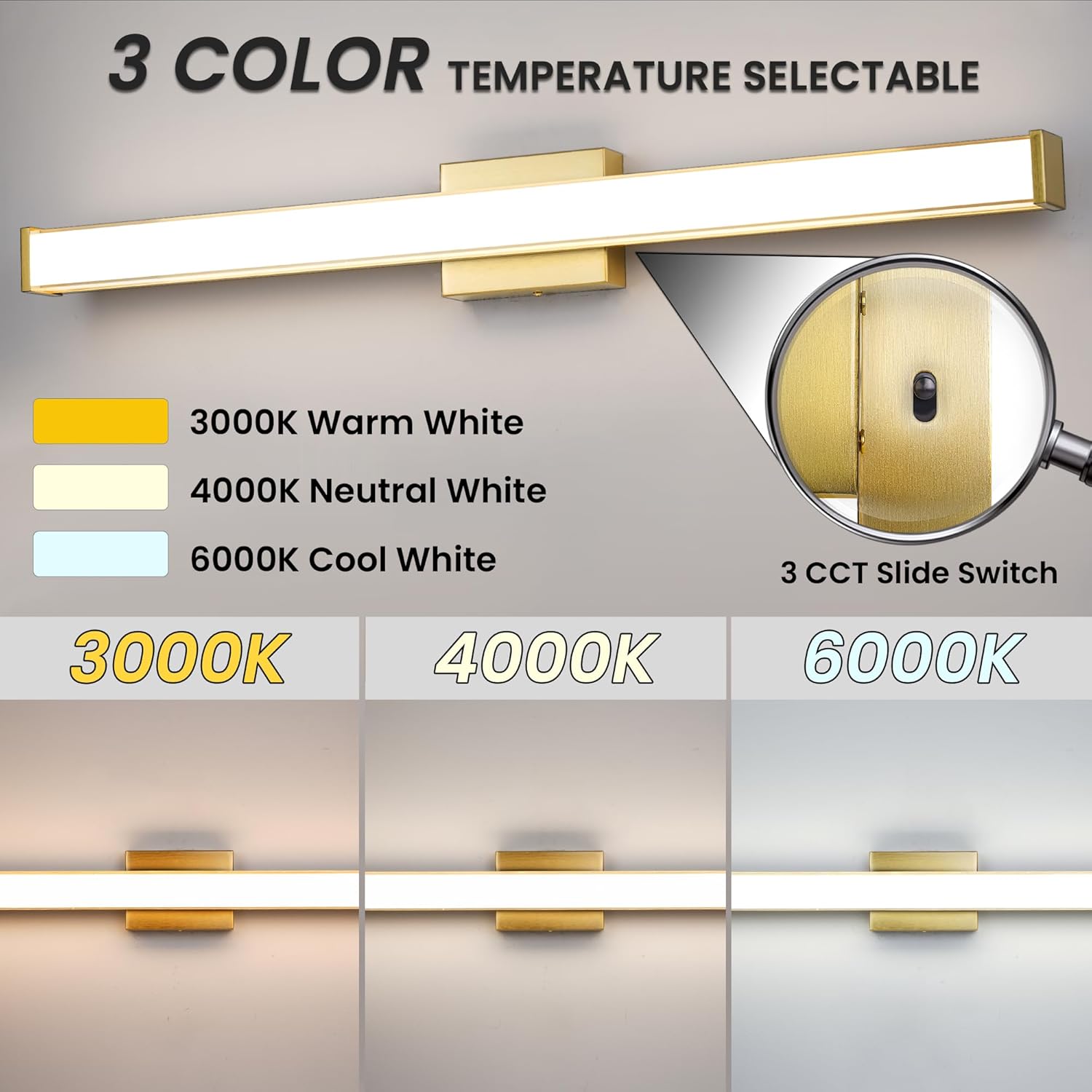 Modern LED Bathroom Vanity Light 36 inch 24W Dimmable 3CCT Bathroom Light Fixture Over Mirror Rectangle Bath Vanity Light Bar with Double Layer Acrylic Shade (Golden)