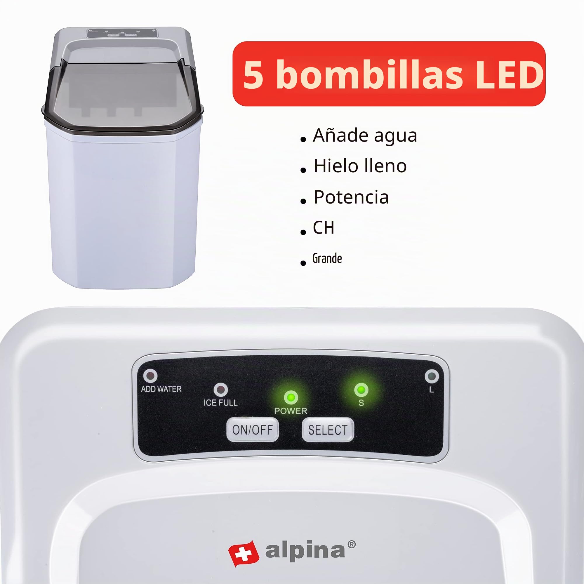 alpina Maquina de Hacer Hielo - Fabricadora de Cubitos de Hielo - Bloques de Hielo de 2 Tamaños - Producción en 10-12 minutos - Tapa Transparente - Blanco