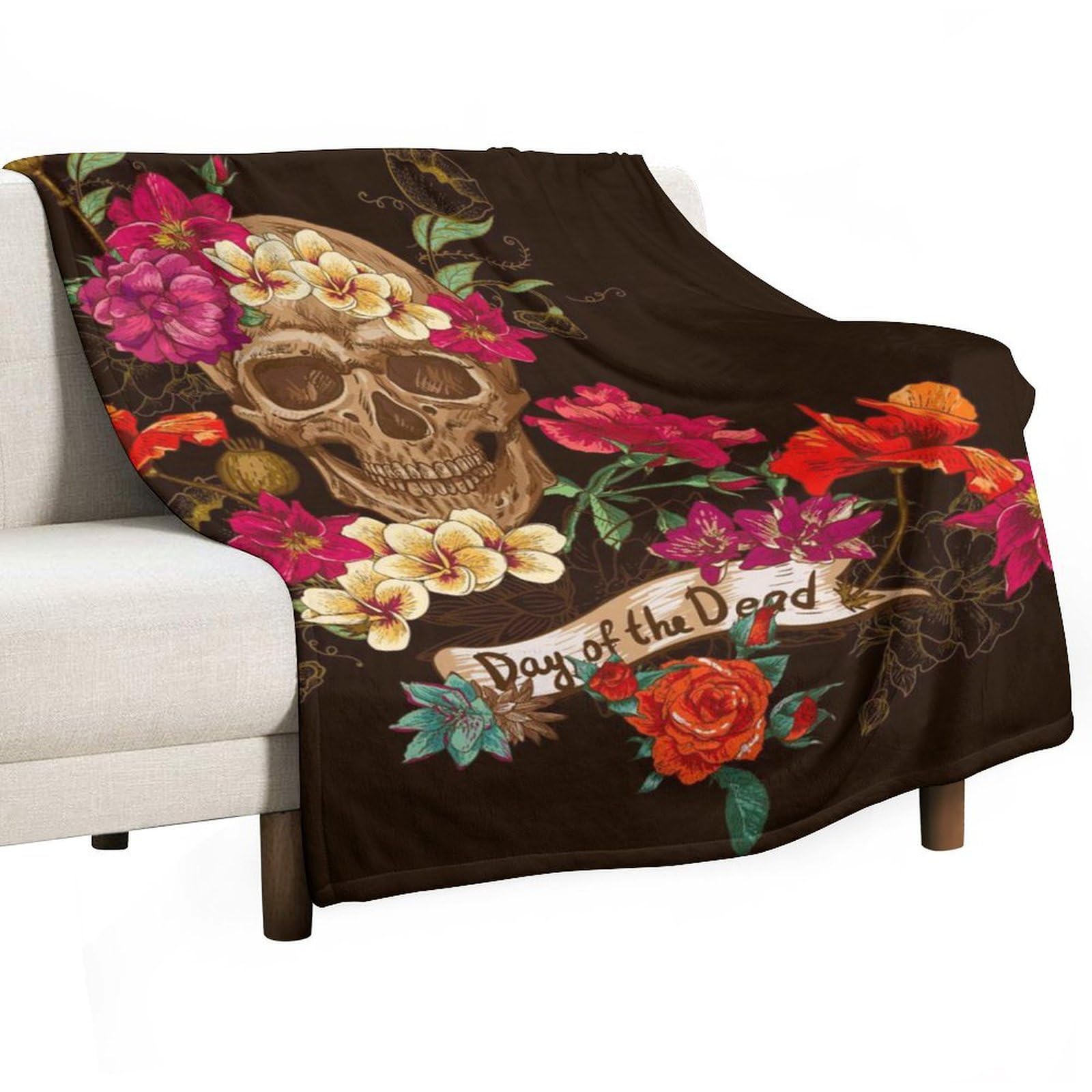 Couverture flanelle haut de gamme motif crâne fleuri doux
