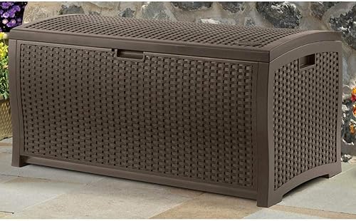 Miniatura 9 de Suncast Caja de mimbre de plástico de 99 galones para jardín, garaje, hogar, piscina, uso en interiores y exteriores, color moca (paquete de 2)