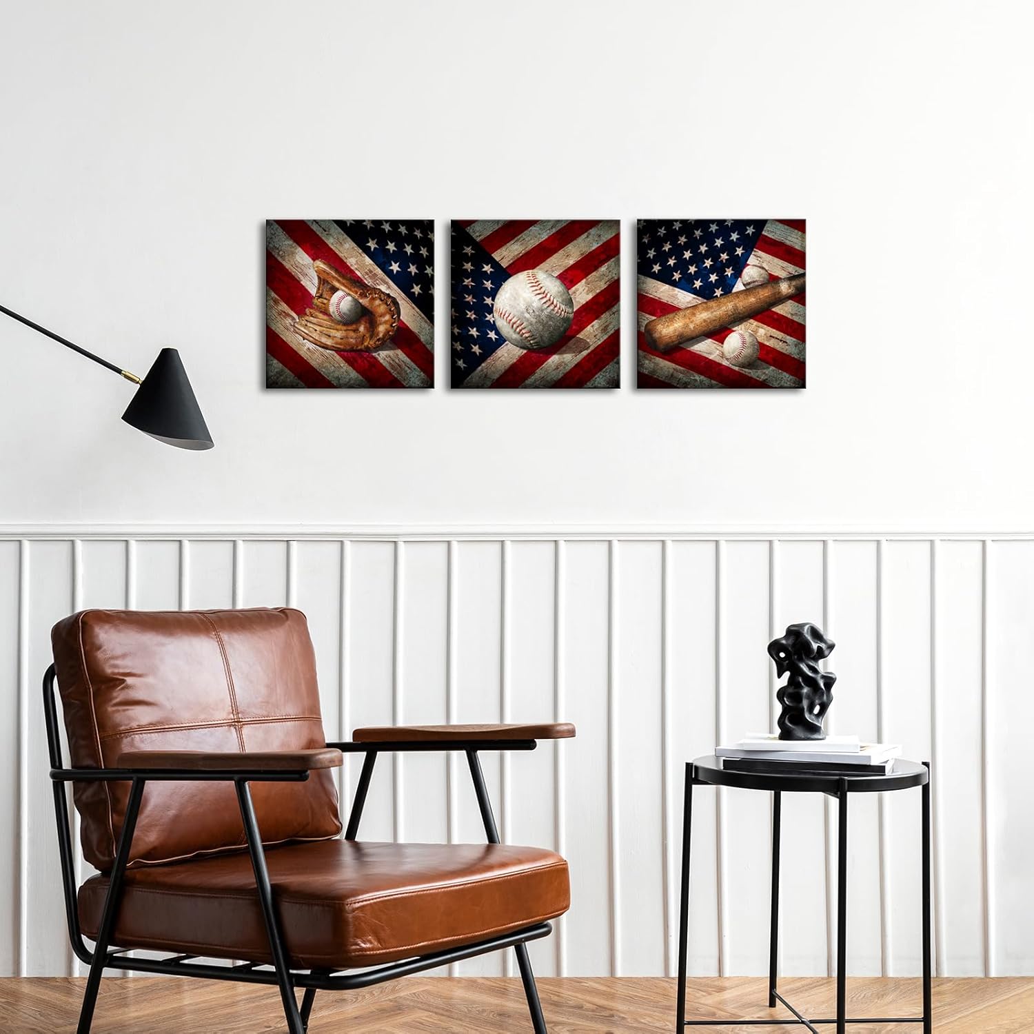 Artsbay Vintage American Baseball Wall Art, Rustic Sports Decor with Flag Background, Baseball Glove Bat and Ball Theme for Living Room Bedroom - United States Flag Picture 12" x 12" x 3PCS