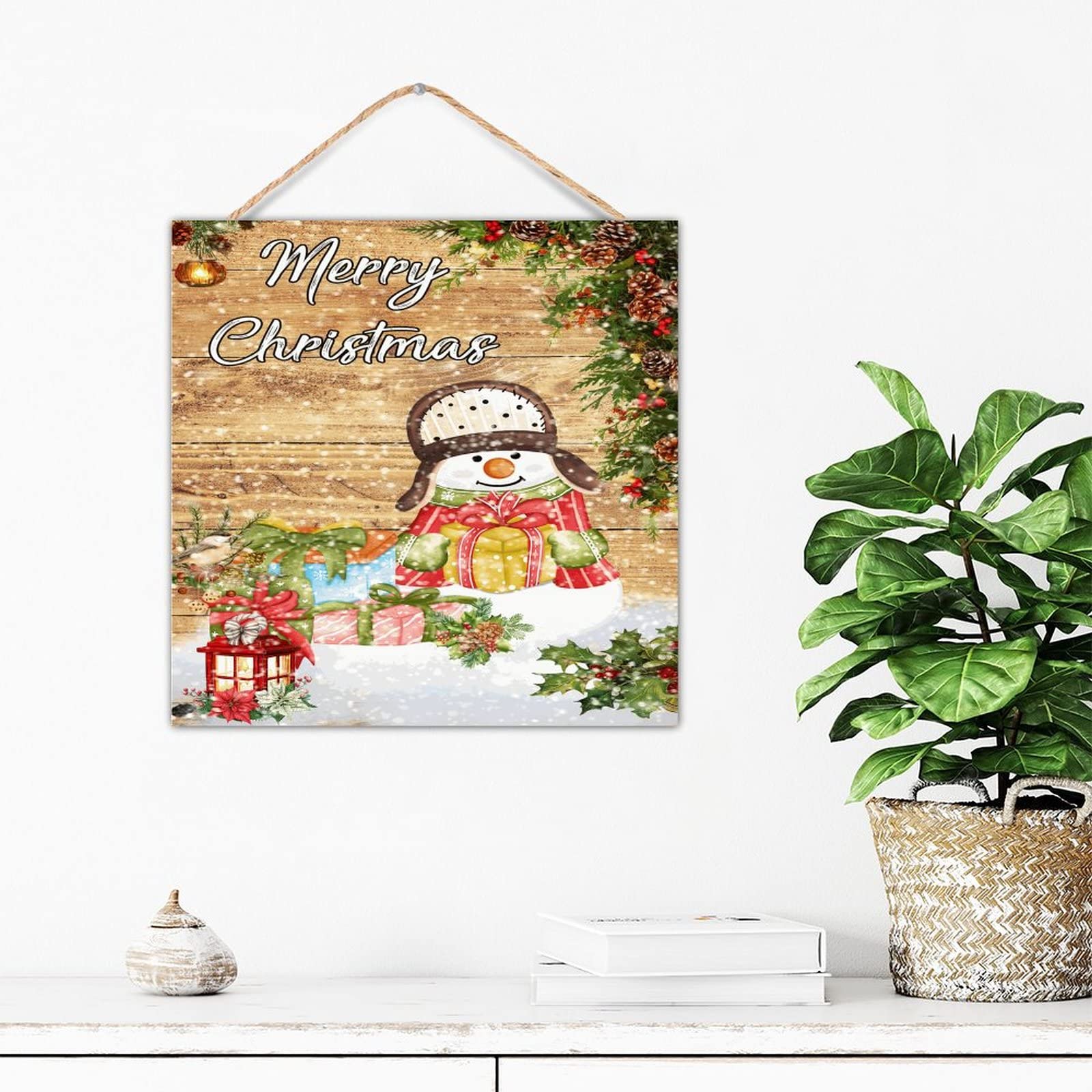 Panneau bois Merry Christmas avec bonhomme de neige pour une decoration table salon chaleureuse