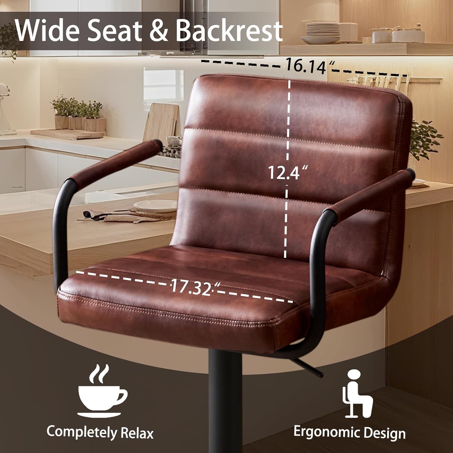 Bar Stools Set of 2, PU Leather Adjustable Height 360° Swivel Barstools with Backrest and Armrests, Counter Height Bar Chairs for Kitchen Island, Bar, Dining Room, Reddish Brown