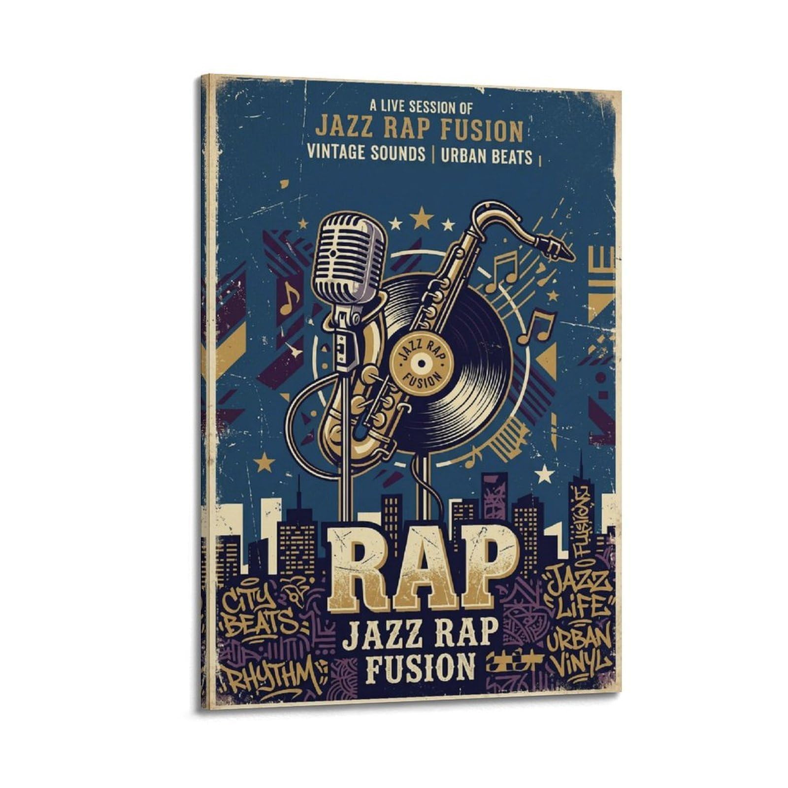 XKUGA Jazz Rap-Fusion-Poster, Saxophon, Vinyl-Schallplattenkunst, modern, dekorativ, Leinwanddruck, ideale Wandkunst für Familie, Männerhöhle, Spielzimmer, Jungen- und Mädchenzimmer, 40 x 60 cm
