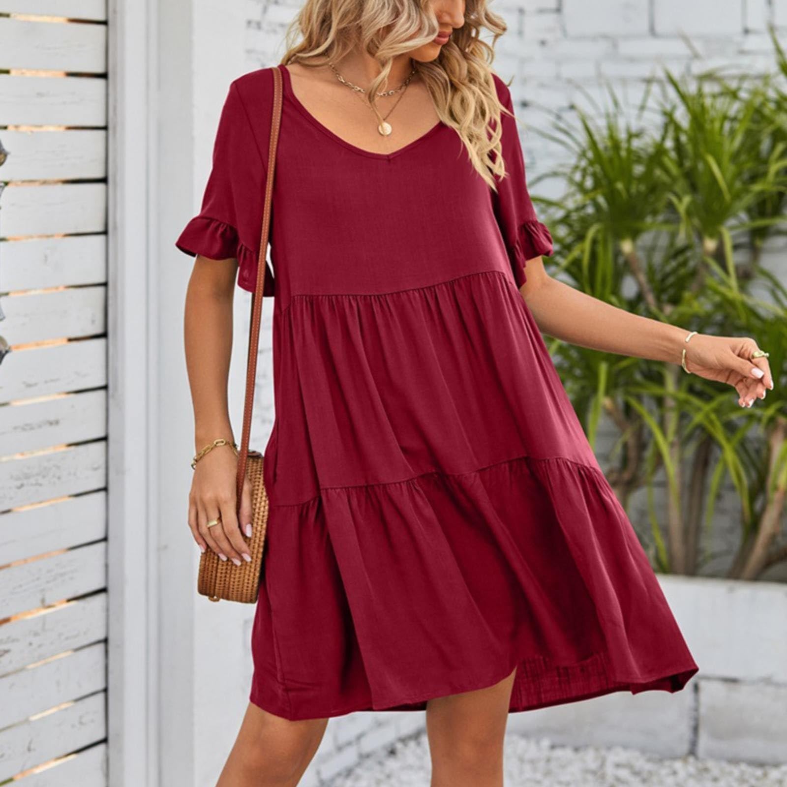 Vestido de verano para mujer, cuello en V, capas con volantes, con bolsillos, línea A, vestido de playa con manga corta