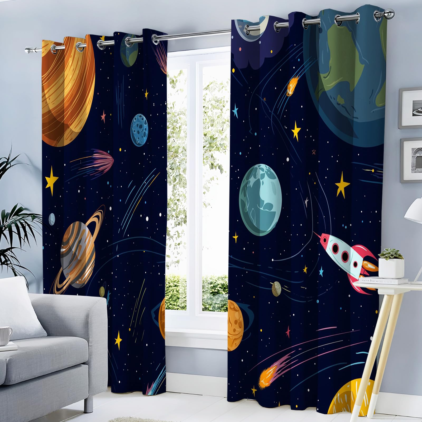 Tende Per Interni Oscuranti Termiche Con Occhielli – Set Di 2 Tende Pianeta Modello Cometa, Isolanti Dal Calore, Blu Scuro, 140L×240A Cm, Per Camera Da Letto E Soggiorno