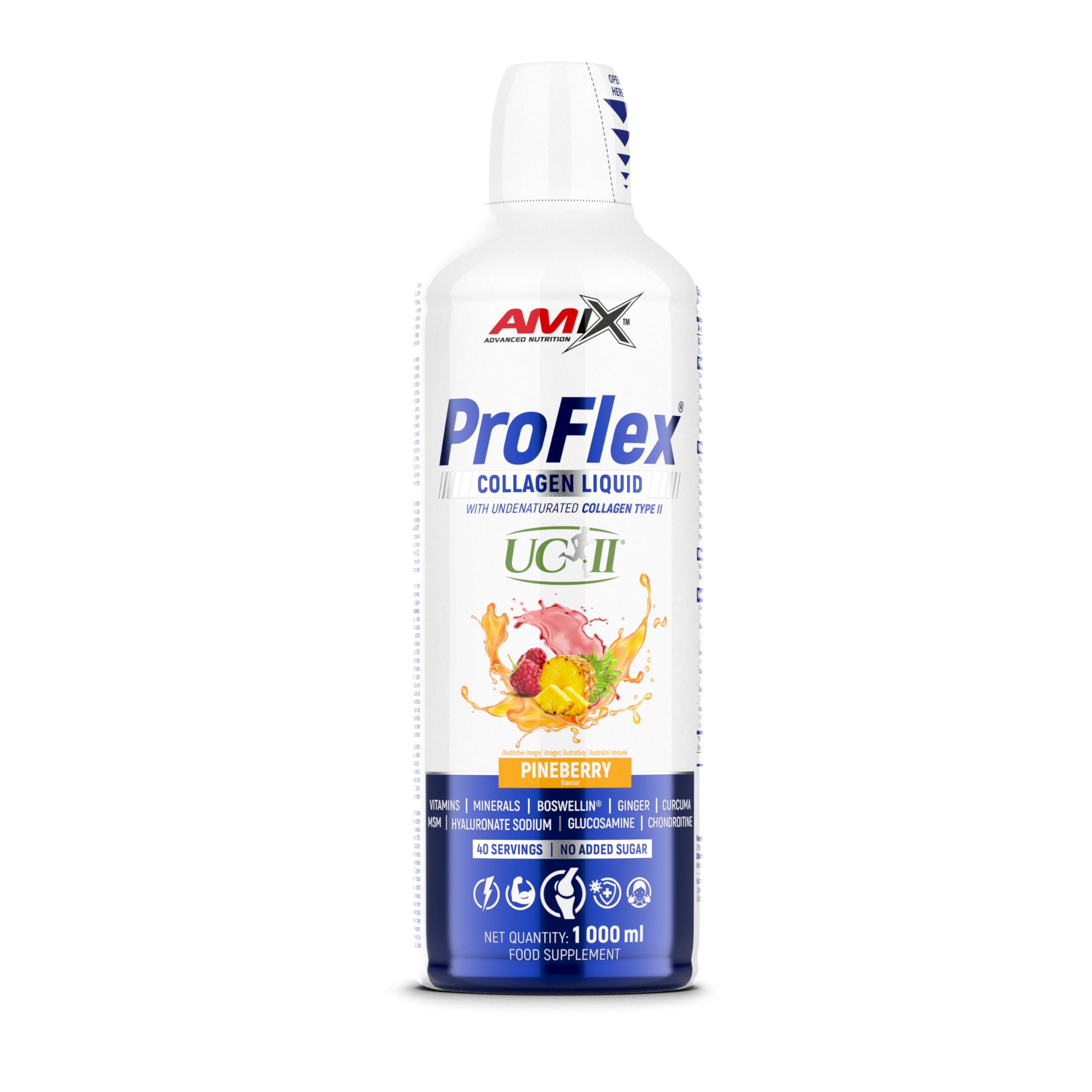 Amix™ ProFlex® Collagen Liquid 1000 ml – Concentrado líquido de colágeno con UC-II®, vitaminas, minerales y extractos vegetales, sabor piña frutos, sin azúcares añadidos