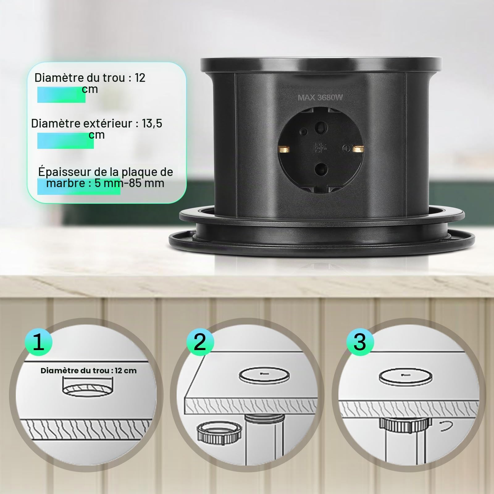 XIIW Multiprise Encastrable 3 Prises [Type F] + 15W Chargeur sans Fil Qi & USB-A – 3680W/16A – ABS Ignifuge avec Sécurité Enfant – Prise de Table pour Bureau, Plan de Travail et Cuisine, 1,8m Câble
