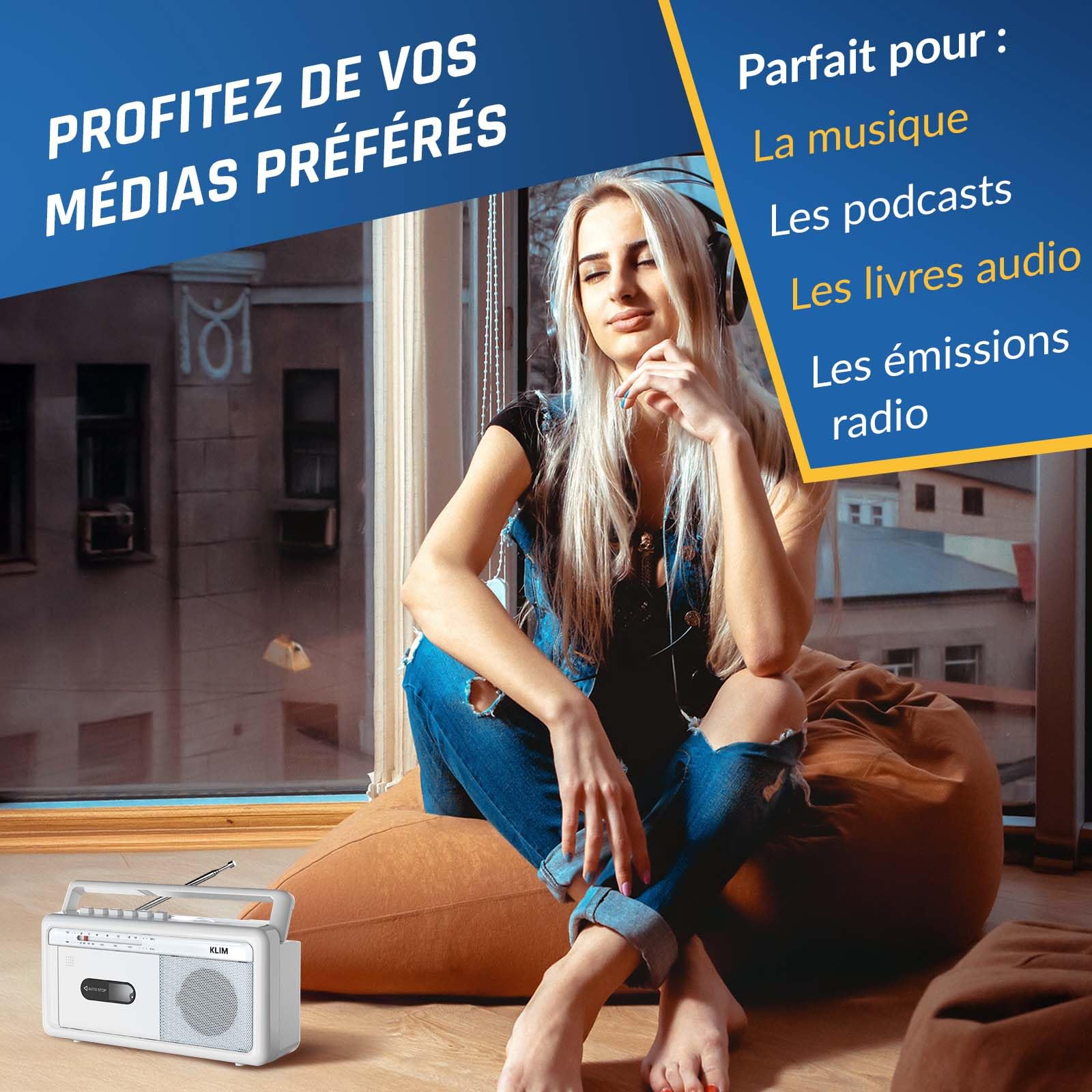 KLIM Lecteur Cassette Audio Boombox, Radio AM/FM, Bluetooth, Enregistreur Cassette, USB, Haut-Parleur, Prise Casque, Secteur ou Piles, Design Portable Rétro - Blanc Givré
