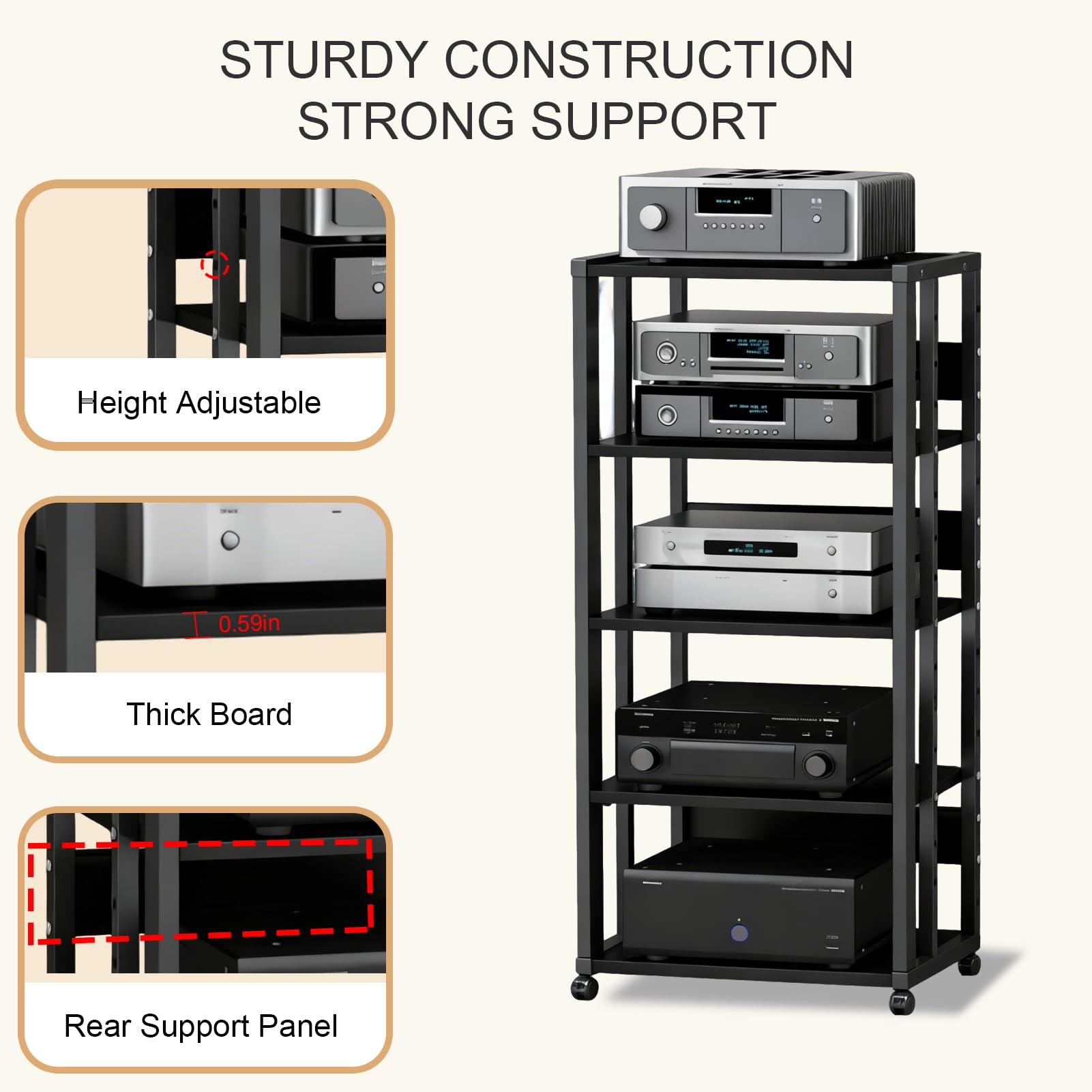 5 Ripiani Mobile Stereo Hi Fi Rack, Multimediale Audio-Video con Ruote Universali, Giradischi per Amplificatore Turno Sky box