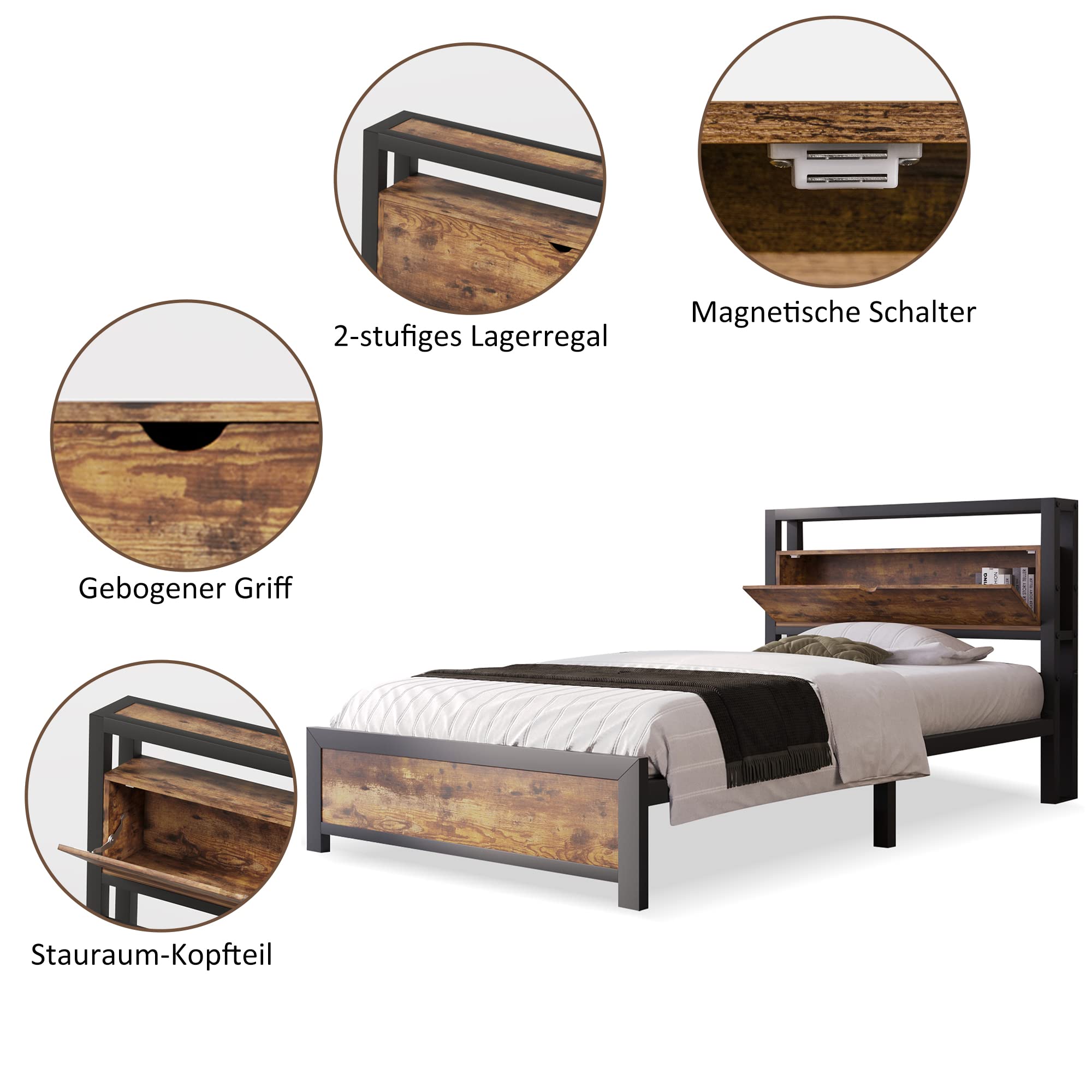 Gecheer Letto Singolo in Metallo con Testiera Contenitore, Letto per Ragazzi 90 x 200 cm in Metallo e MDF, Stile Industriale Nero for Camera da Letto Bambini e Adolescenti