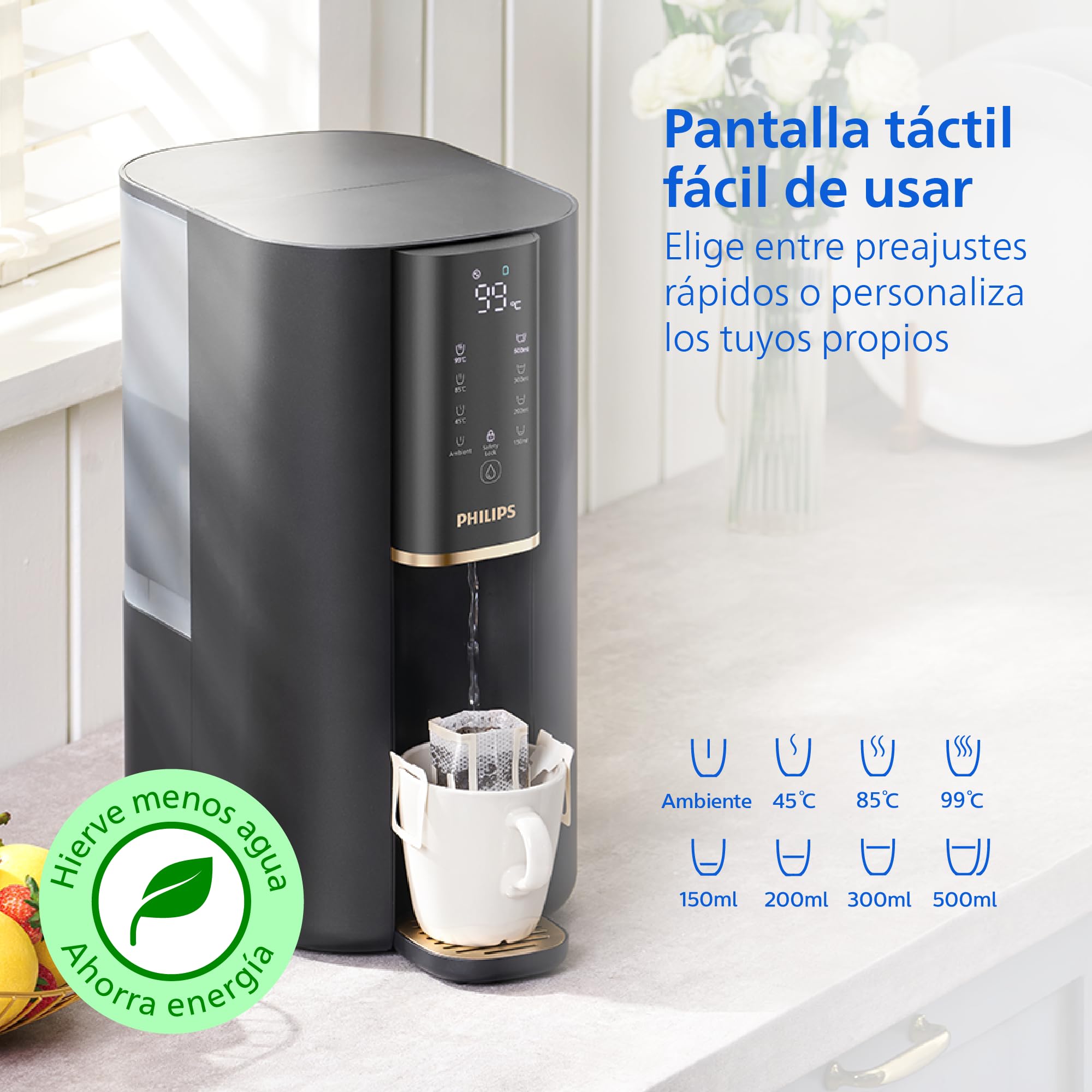 Philips Water 6100 Dispensador pór Osmosis Inversa: agua caliente al instante, filtración RO 5 en 1 reduce >110 contaminantes, relación 3:1 agua pura/rechazo, protección UV-C, sin instalación, 2000L