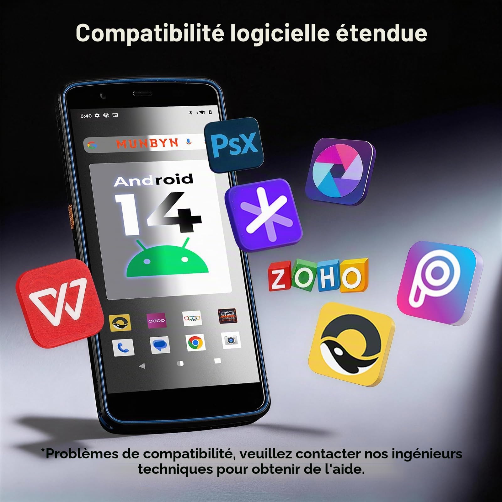 [Android 14] MUNBYN Scanner PDA, 5.7" écran Tactile, Lecteur de Code-Barres 1D/2D QR,Terminal de paiement Portable,4+64G,IP67, Wi-FI 4G BT,pour Entrepôt,Logistique,Retail,Gestion de Stock Odoo Zoho