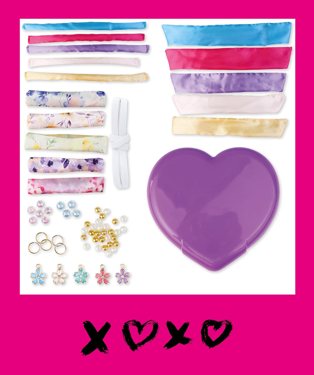 Lena Glam Scrunchies Designer Craft Kit - Creative Kit for Girls with Textile, Elastic Band, 5 Charms, Heart-Shaped Storage Box and Sewing Supplies - Gift for Children from