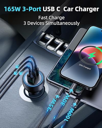 Miniatura 4 de Cargador de coche de 165 W para portátiles, PD3.1 140WPD3.0 100 W USB C cargador de coche, cargador USB de carga súper rápida con cable de 240 W