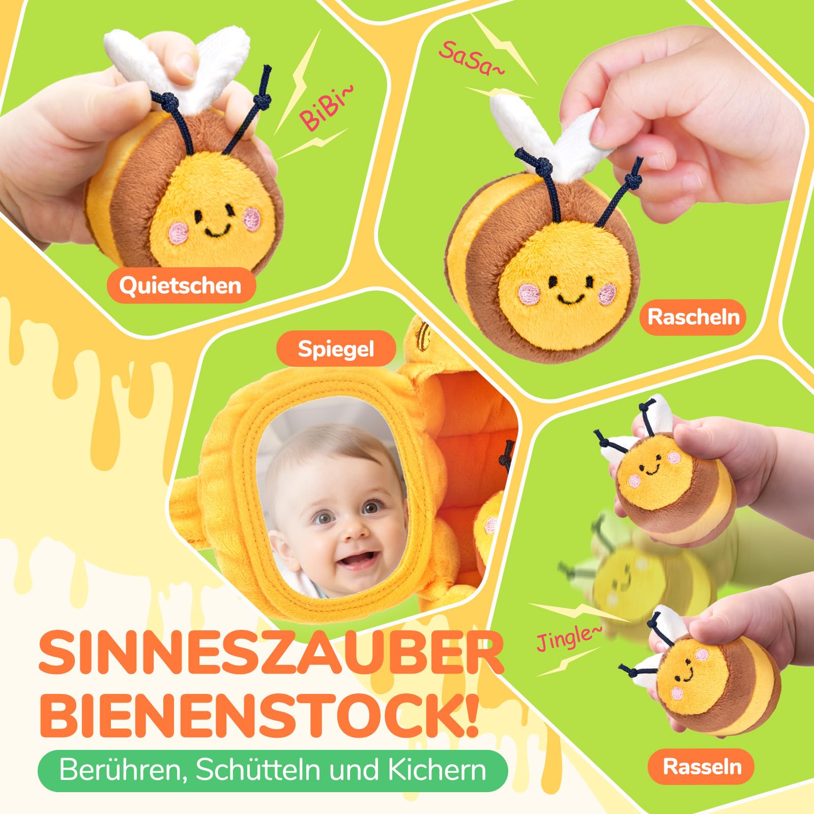 JoyCat Baby Spielzeug 6 Monate, Baby Bienenstock mit 5 Bienen, Rassel, Spiegel, Montessori Babyspielzeug ab 6 8 9 12 Monate, Motorikspielzeug Sensorik Spielzeug Geschenk für Jungen Mädchen