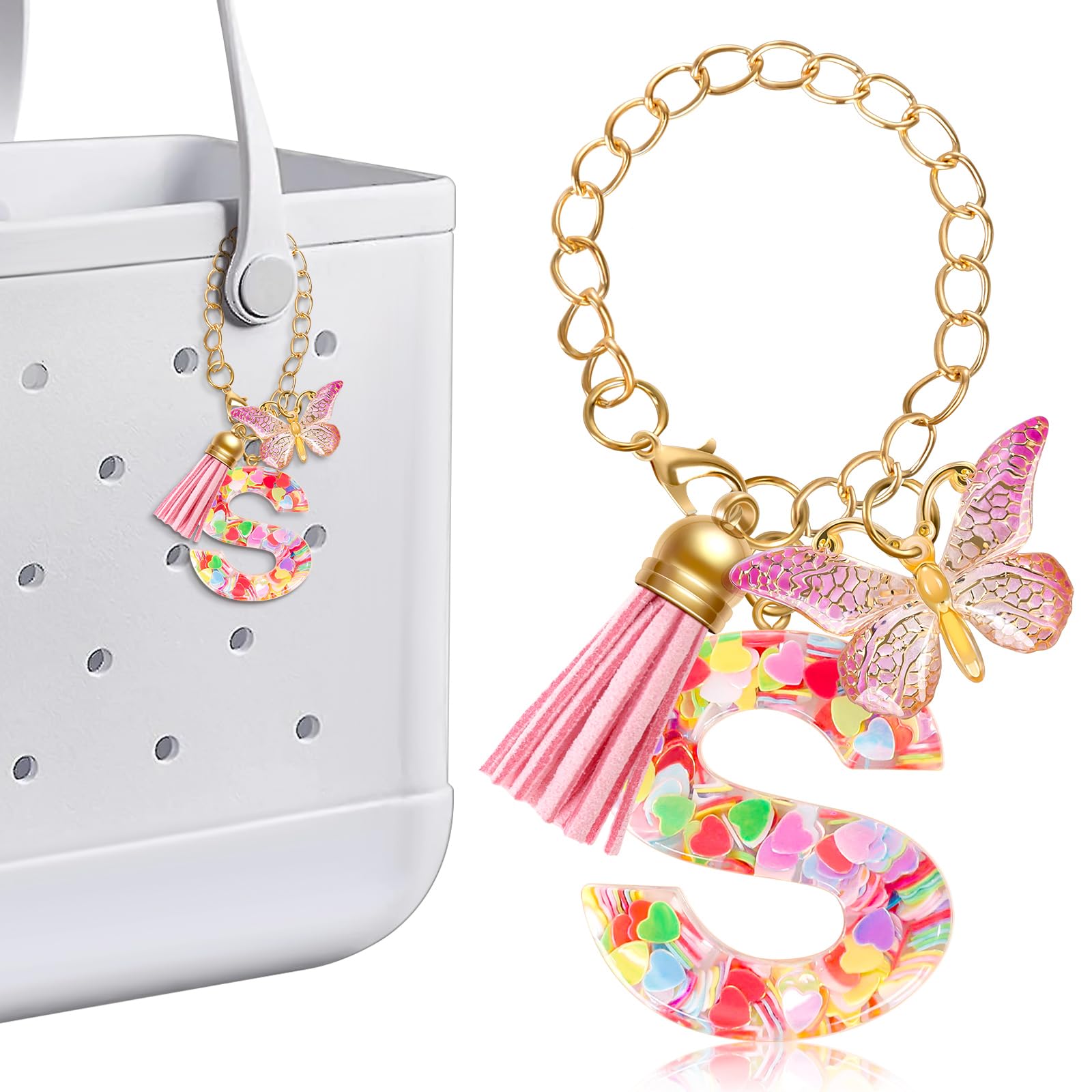AKAIXI Letter Keychains Charms Compatible With Bogg Bag Accessories, Beach Tote Bag Keychain Personalized Tassel Butterfly