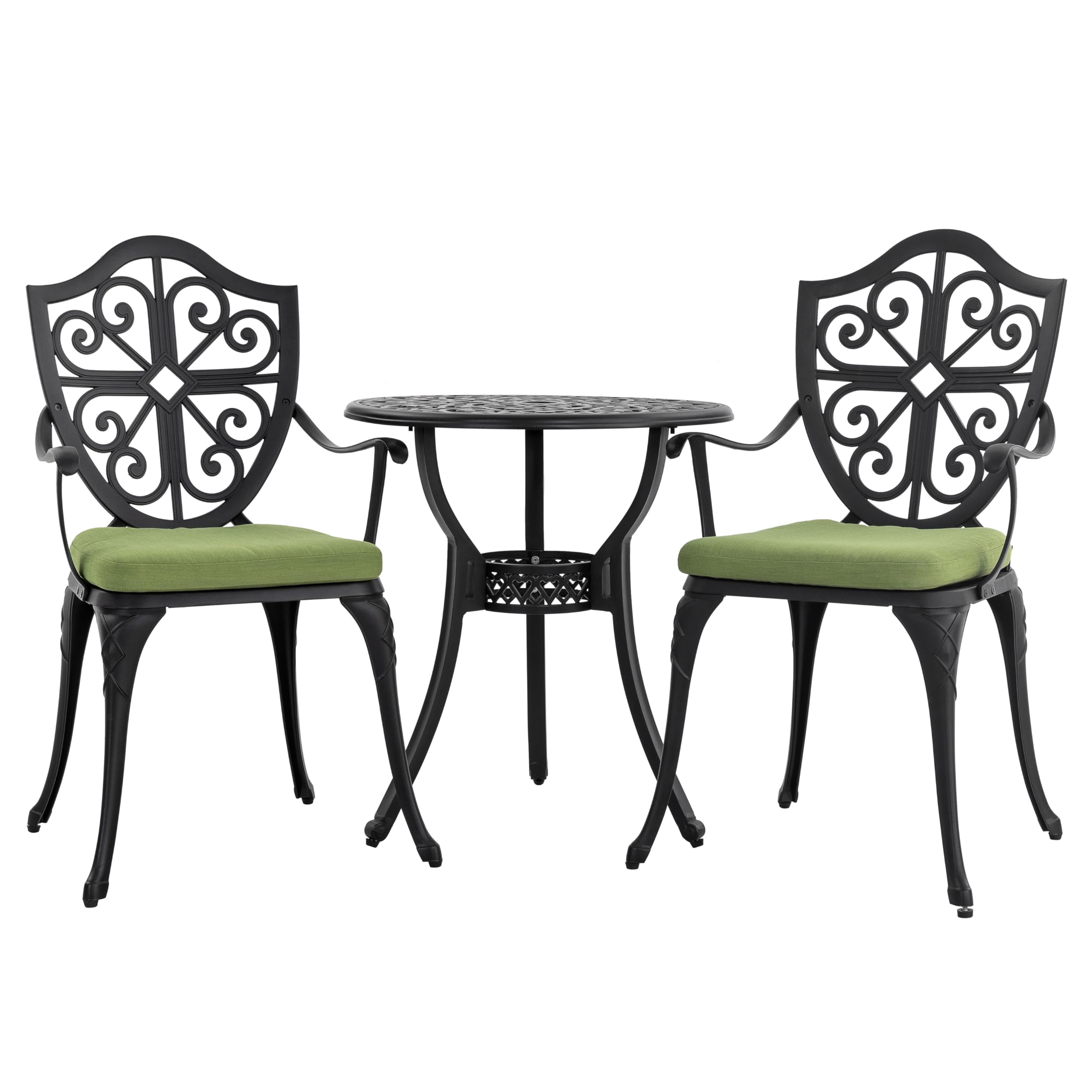 NUU GARDEN 3 Piece Outdoor Bistro Set, Outdoor Cast Aluminum Patio Bistro Table and Chairs Set of 2 with Umbrella Hole and Green Cushions for Backyard