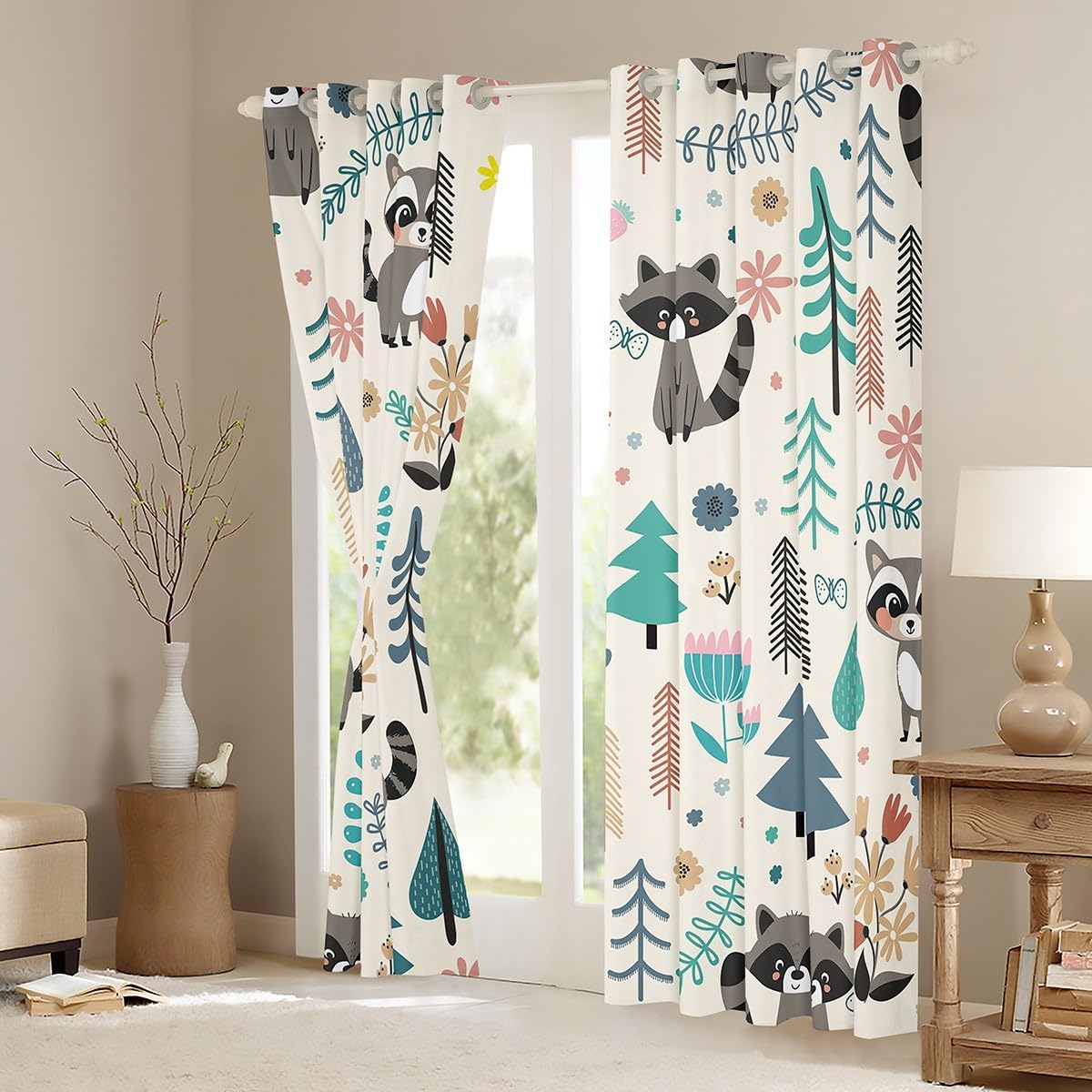 Feelyou Cute Raccoon Blackout Curtains Cartoon Raccon in Forest Darkening Drapes Kids Boys Girls Cute Wild Animals Window Curtains Nature Wildlife Window Treatments (2 Panels, 38 x 45 Inch)