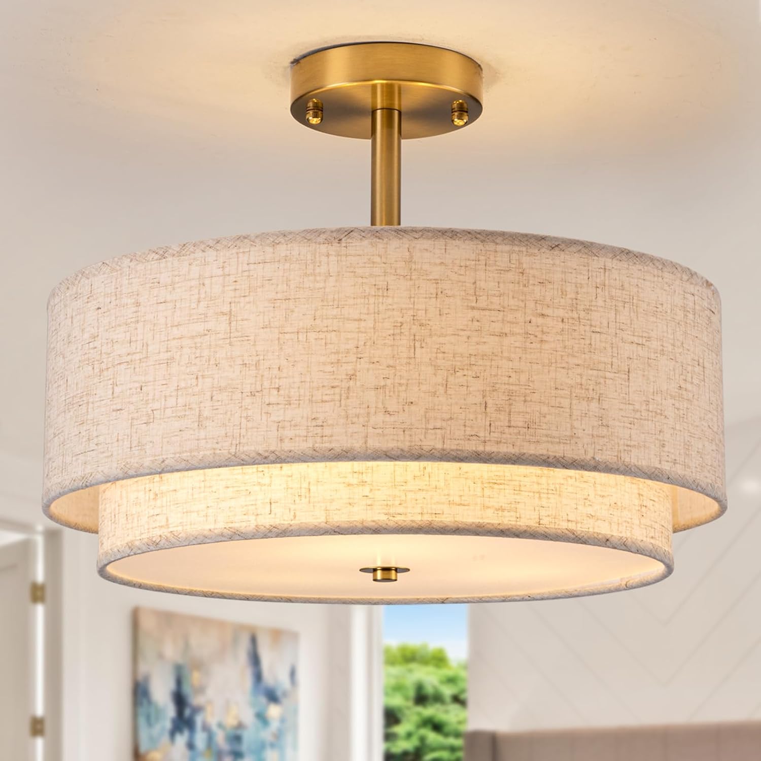 16" Semi Flush Mount Ceiling Light Fixture,Modern Close to Ceiling Light, 3-Lights Gold Drum Ceiling Light with Linen Fabric Shade for Bedroom Living Dining Room Hallway Entryway Foyer