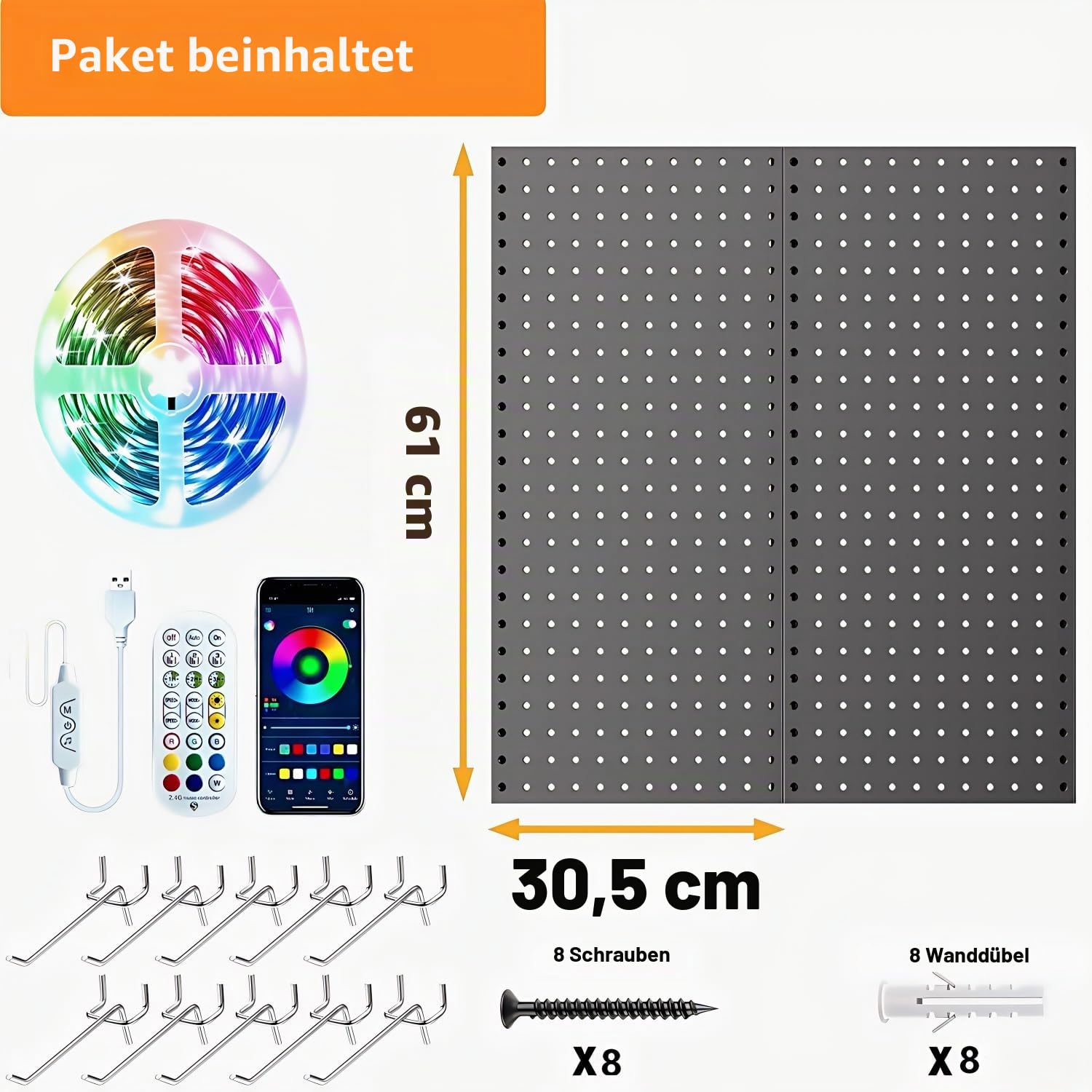 Stecktafel mit RGB- und IC-LED-Lichtstreifen, 2 Metall-Stecktafeln, robust, Gaming-Raum-Wand-Organizer mit Haken, DIY-RGB-Gaming-Setup-Organizer, Wandmontage, 30,5 x