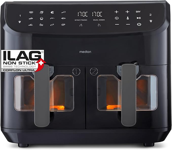 MEDION P20 XXL Heißluftfritteuse mit 2 Kammern MD11760 (8,7 Liter, Airfryer, 2.600 Watt, Doppelkammer, 10 Automatikprogramme, 2 Schubladen, Sichtfenster, Dualer Airfryer) schwarz