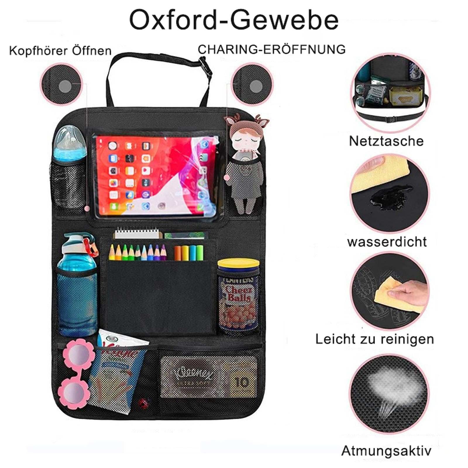 DeBizz Organizer na fotel samochodowy z 10 kieszeniami, wodoszczelny, ochrona oparcia samochodu dla dzieci, duży, składany ochraniacz na siedzenia, wielofunkcyjne akcesoria samochodowe do wnętrza