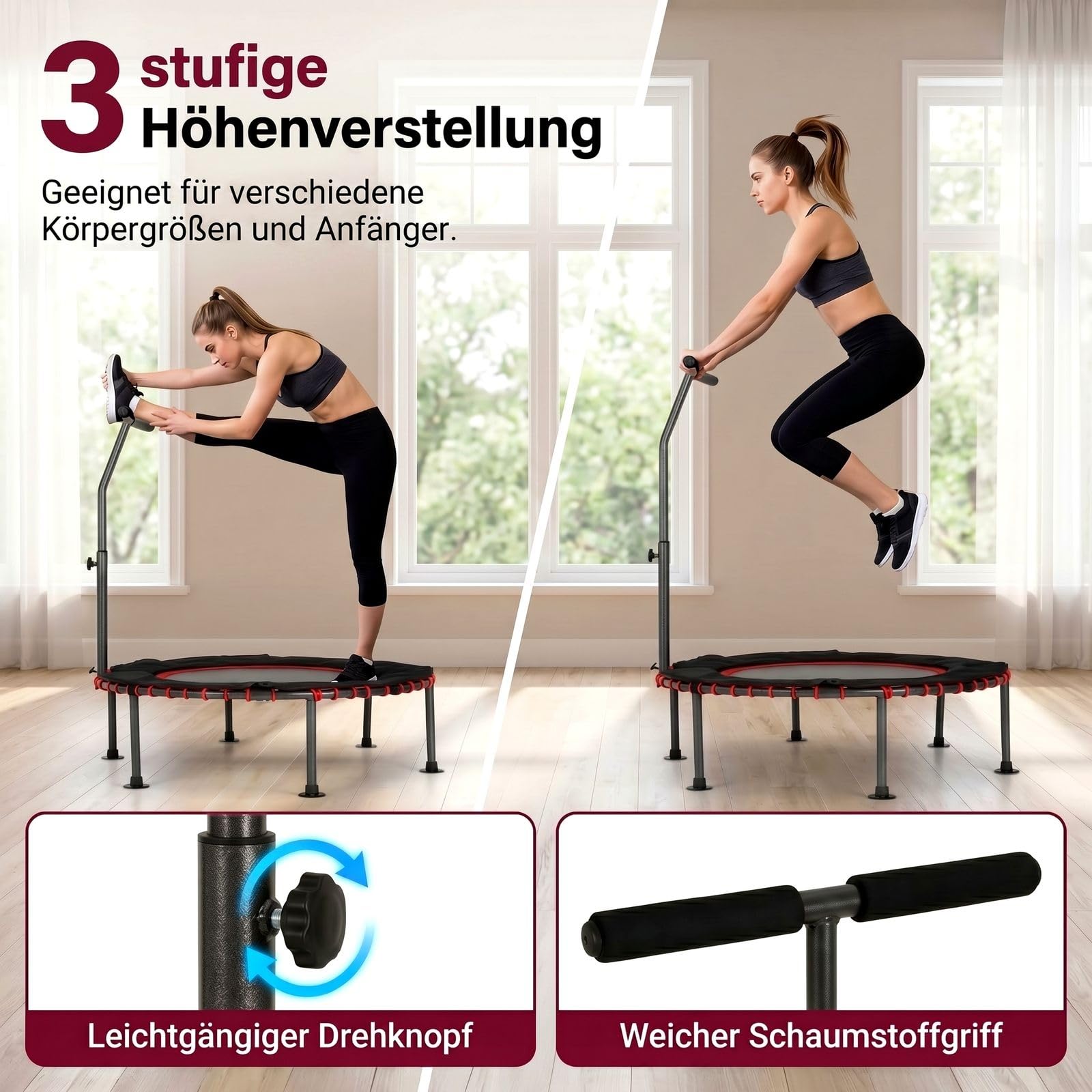LIFERUN Ø102/122cm Fitness Trampolin Indoor mit Randabdeckung, bis 150kg, 3-stufiger Haltegriff, ohne Montage, geräuscharme Gummiseilfederung, für Erwachsene und Kinder, für drinnen und draußen