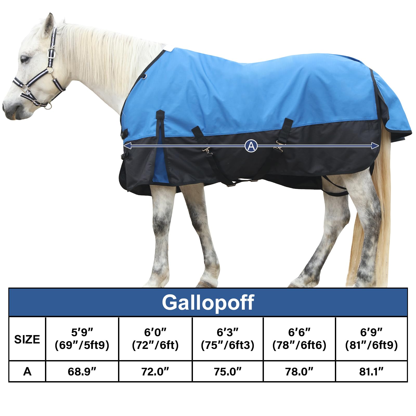 Coperta per cavallo in ripstop 1200D, leggera, senza imbottitura, impermeabile e traspirante, con collo standard, telo antipioggia per esterni, blu e nero, 180 cm