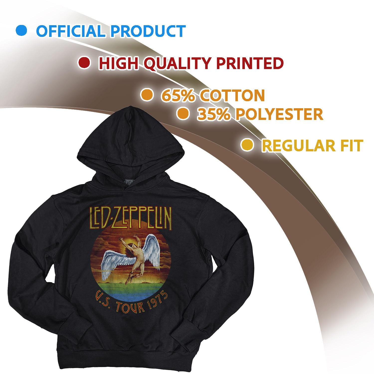 Led Zeppelin Felpa Ufficiale U.S. Tour 1975. Felpa con Cappuccio Unisex in Cotone. vestibilità Regular per Adulto e Ragazzo
