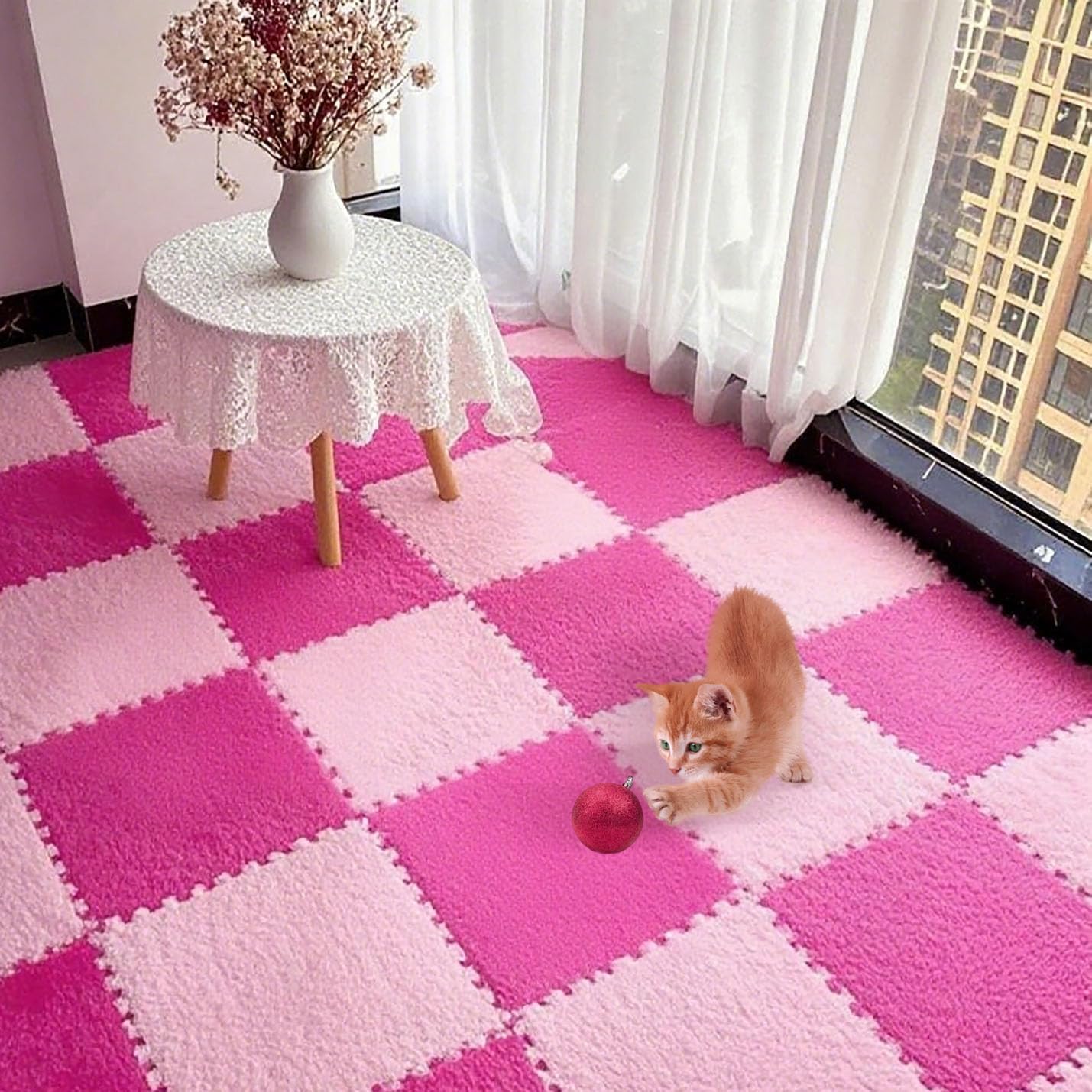 16pcs Plush Puzzle Carpet Tiles, Carpet Squares with Soft Fluffy Interlocking Square Foam Tiles for Living Room & Bedroom, Home Playroom Decor and Pet Comfort Rest Area(11.8x11.8x0.4in,Rose Red&Pink)