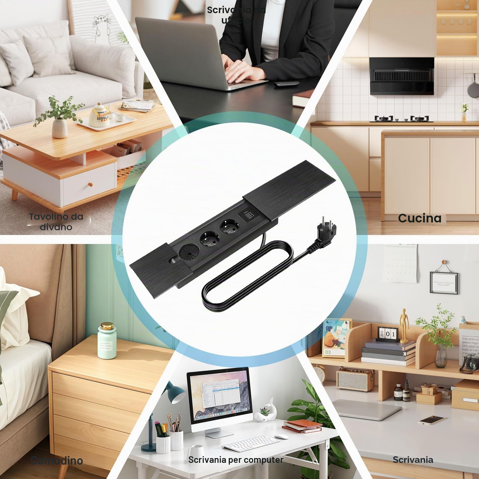Ciabatta elettrica da incasso a scomparsa, 2 scomparti con USB C | e coperchio scorrevole, presa da tavolo, presa a scomparsa, per scrivania, cucina, ufficio, tavolo da conferenza