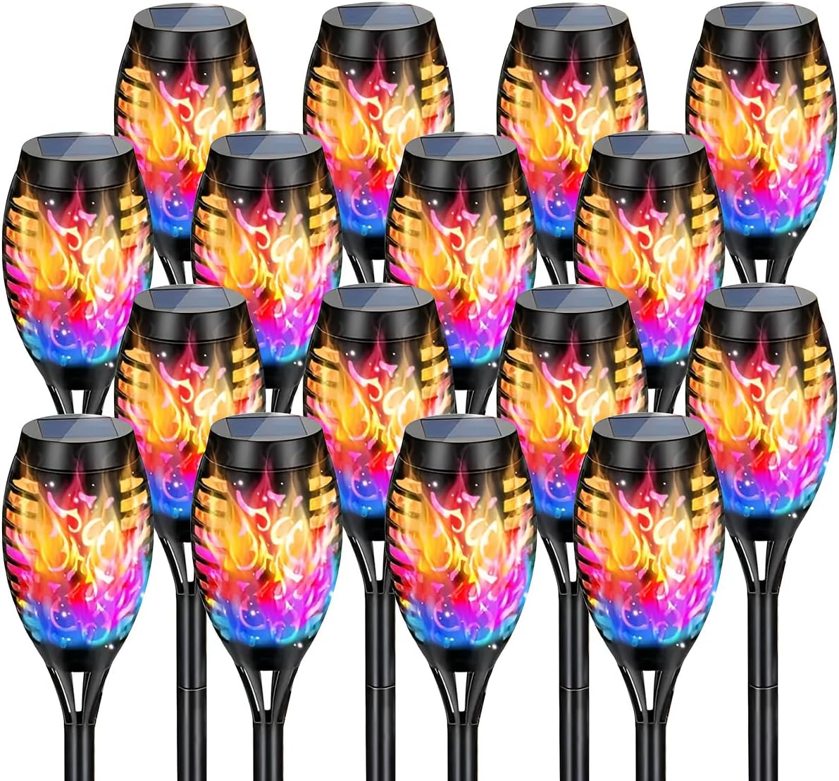 SHYUJAJIE 16 Pack Solar-Powered Flashlight Torches for Outdoor use, Dancing and Flickering Flame Torches for Landscape Decoration, Suitable for Paths, lawns, terraces (Colorful)