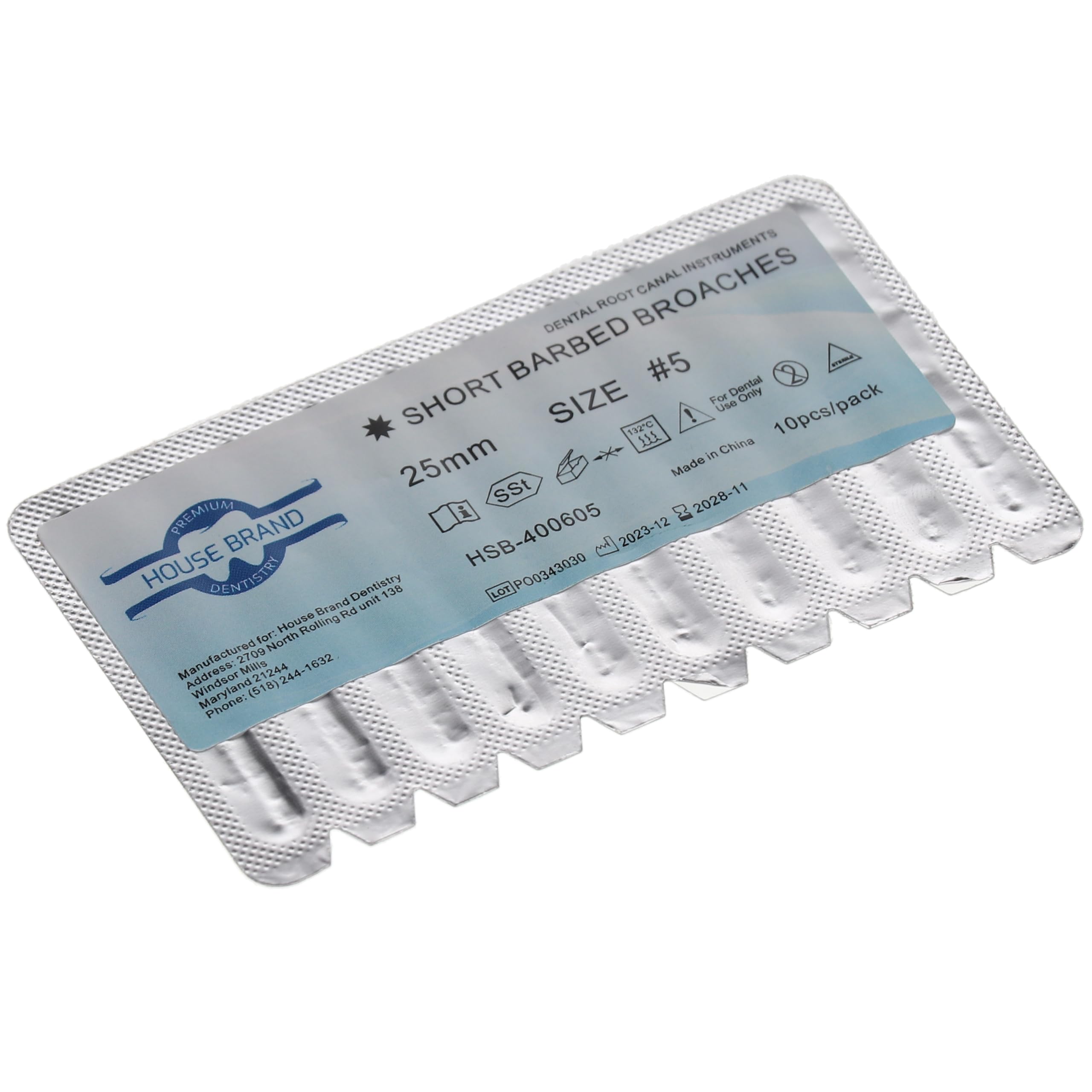 House Brand Dentistry 400605 HSB Barbed Broaches #5 Sterile Medium Green 25mm 10/Pk