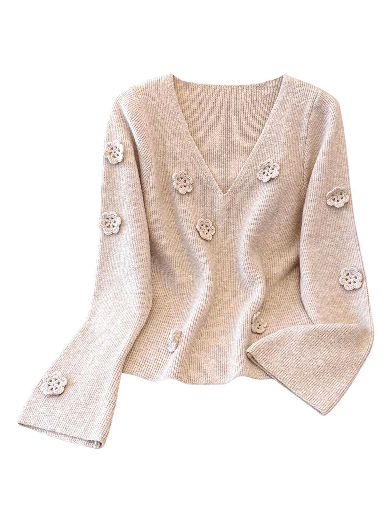 SHENHE Womens V Neck Fitted Sweater 3D Crochet Flower Knitted Dressy Fall Sweater Pullover
