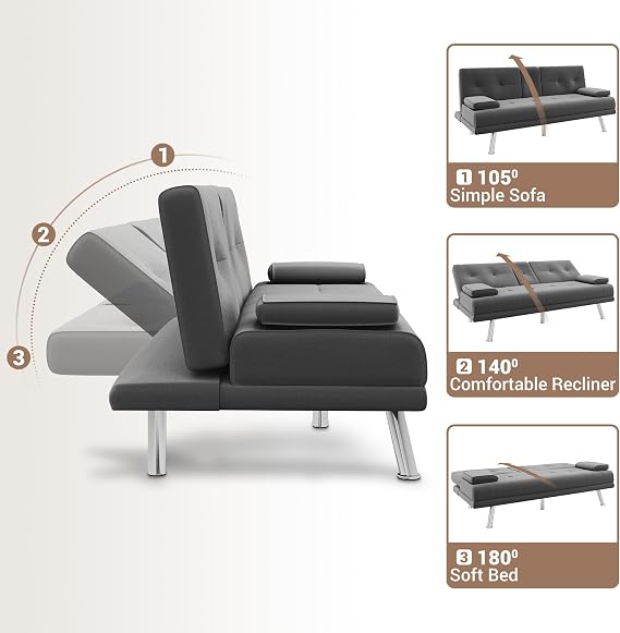 ELEGANT Modern Dark Gray Fabric 2 Seater Sofa Bed with 2 Cup Holders
