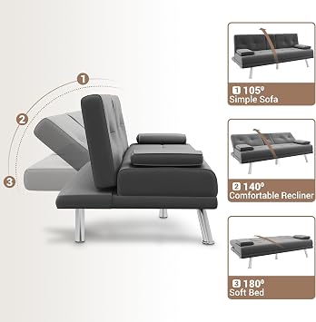 ELEGANT Modern Dark Gray Fabric 2 Seater Sofa Bed with 2 Cup Holders