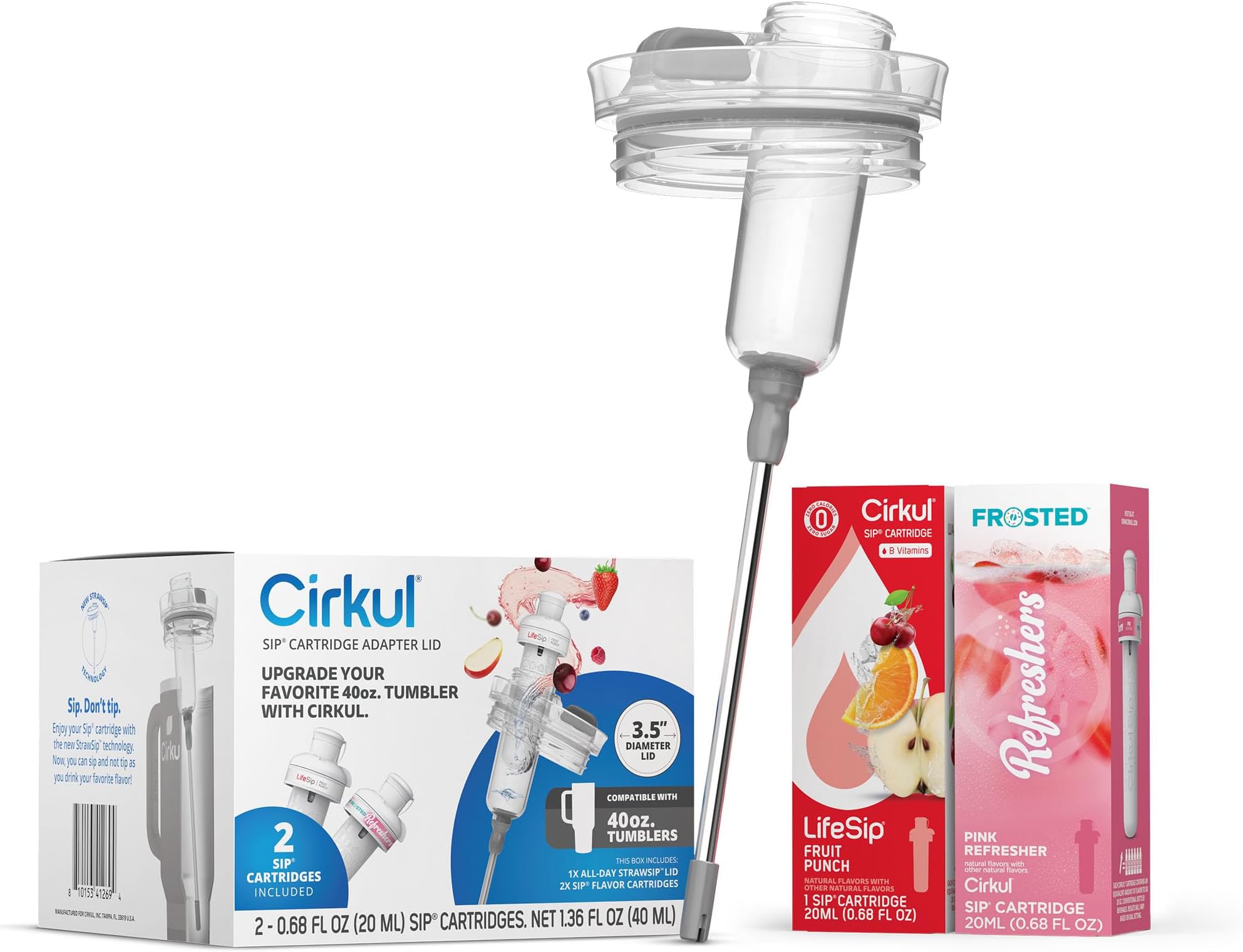 Cirkul All-Day StrawSip™ Adapter Lid & 2 Flavor Cartridges, Leak-Resistant Lid with Reusable Straw, Compatible with Most 40oz. Tumblers