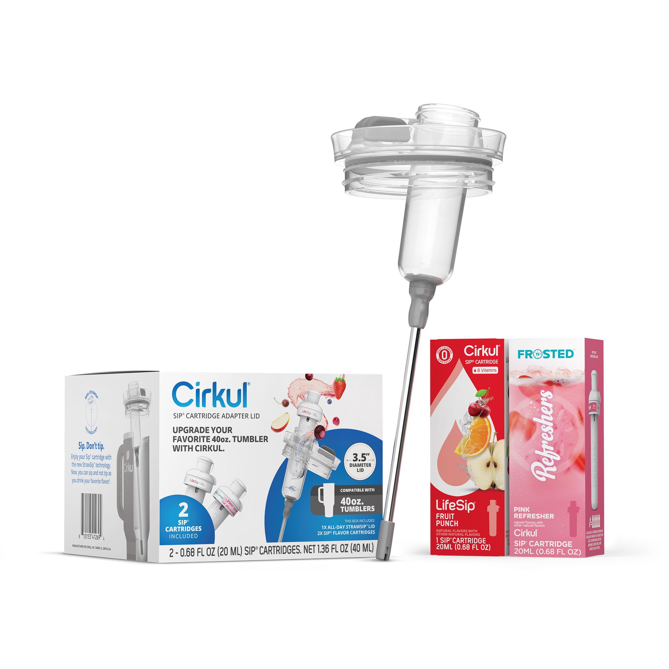 CirkulAll-Day StrawSip™ Adapter Lid & 2 Flavor Cartridges, Leak-Resistant Lid with Reusable Straw, Compatible with Most 40oz. Tumblers