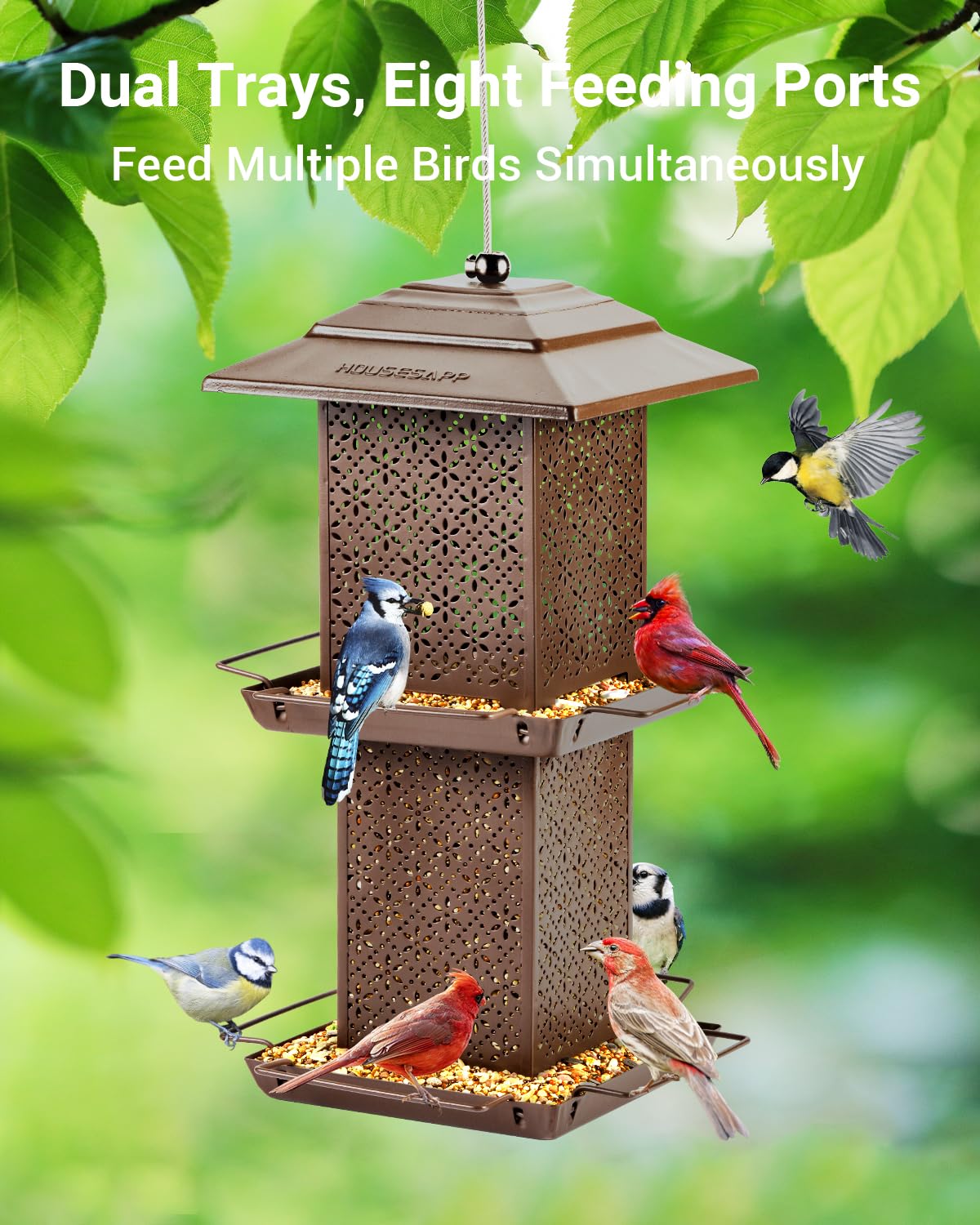 HouseSapp Vogelfutterhäuschen, hängend, aus Metall mit großem Fassungsvermögen und zwei Etagen, 2,7 kg, bissfest, wetter- und wasserfest, für Wildvögel, Dekoration für den Außenbereich und den Garten