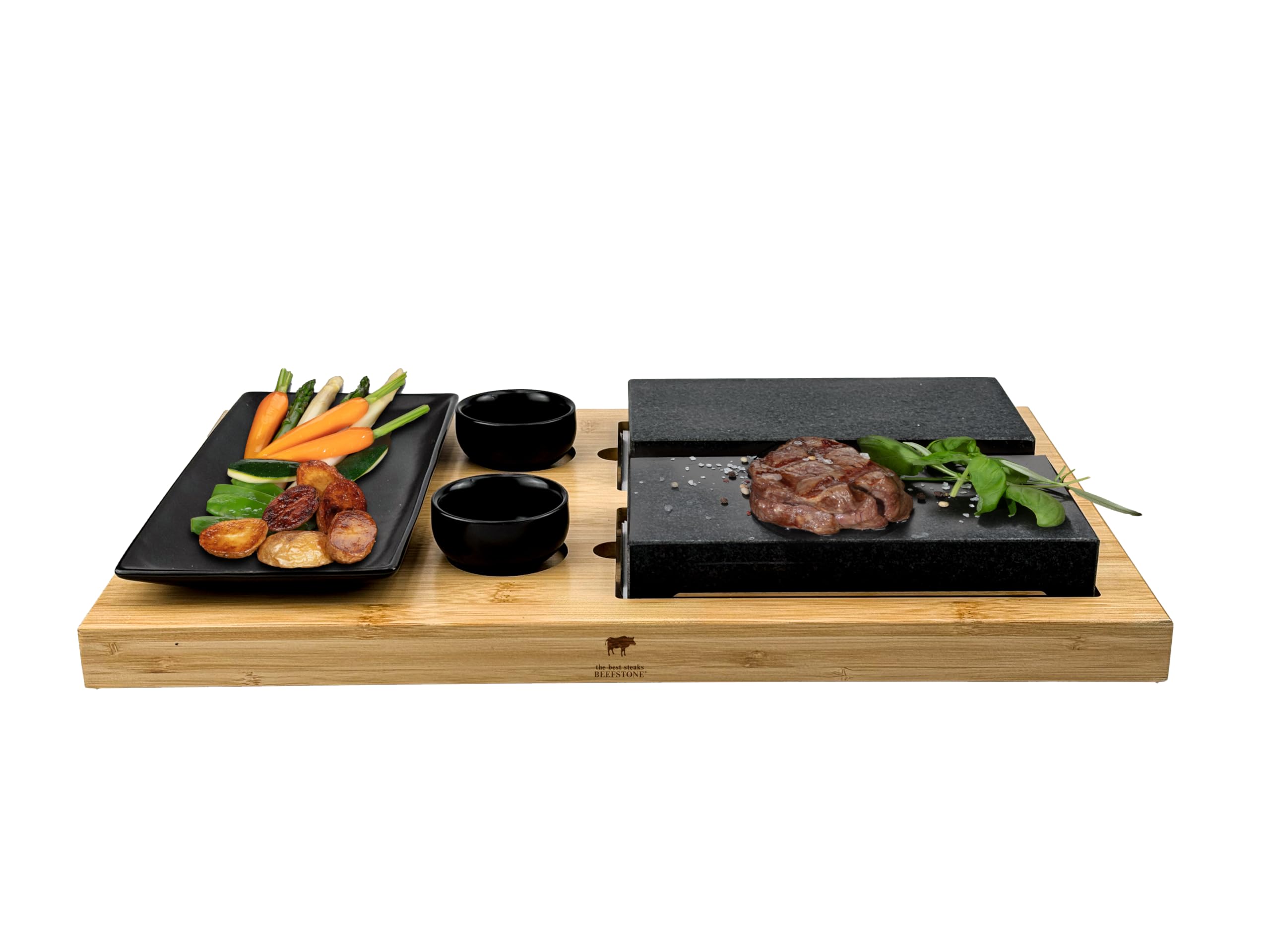 Lavastein Steak-Brett Hot Stone Steingrill Set aus Bambusbrett Lavastone und Porzellan-Platte, Fleisch, Fisch grillen auf heißem Stein (Due V2)