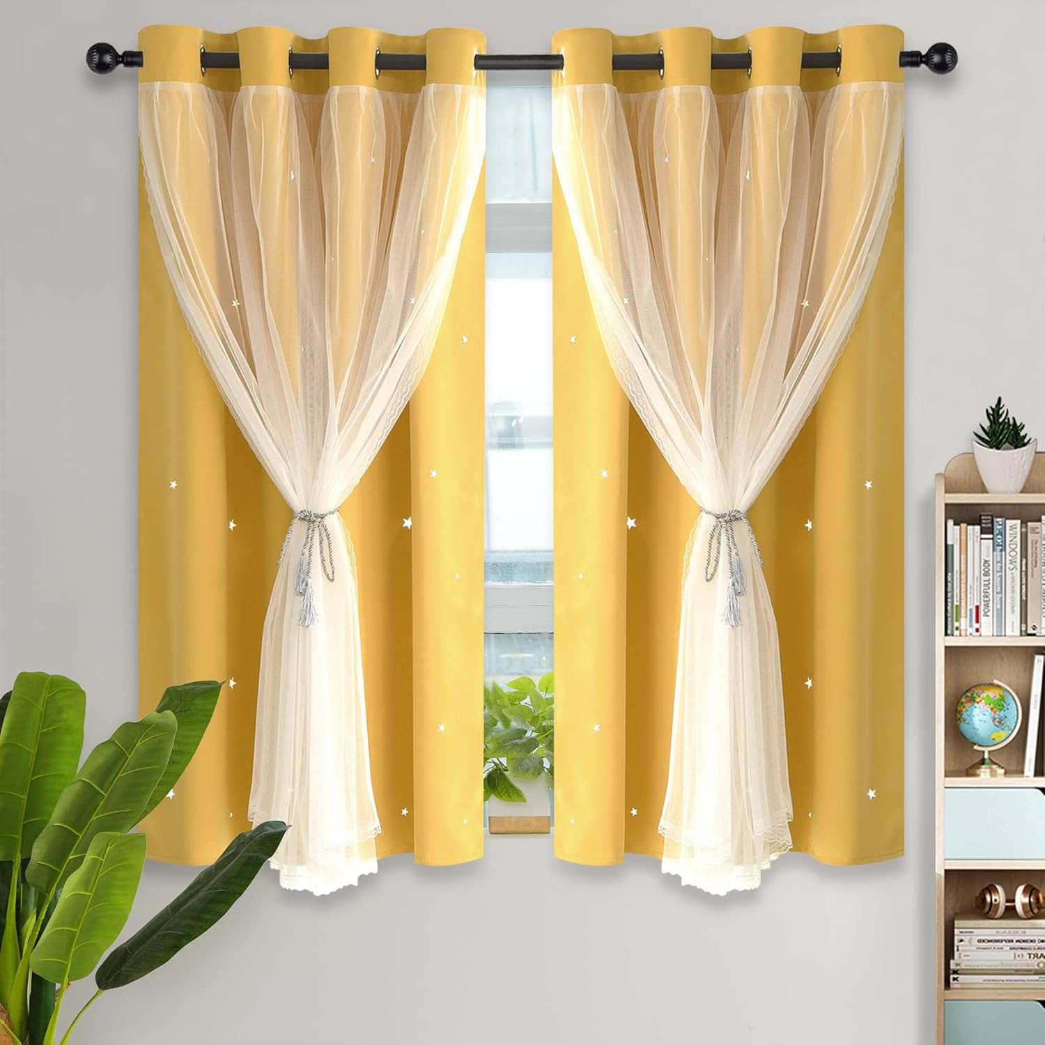 Kinryb Star Cutout Blackout Curtains for Girls Bedroom, Yellow