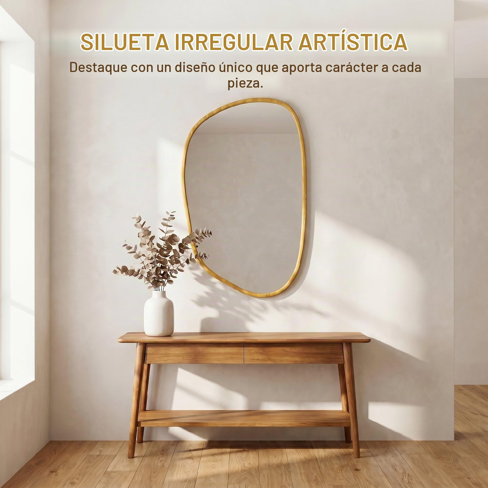 HOMCOM Espejo de baño asimétrico 90x60 cm Natural | Vidrio templado, decorativo, dormitorio, sala de estar, pasillo