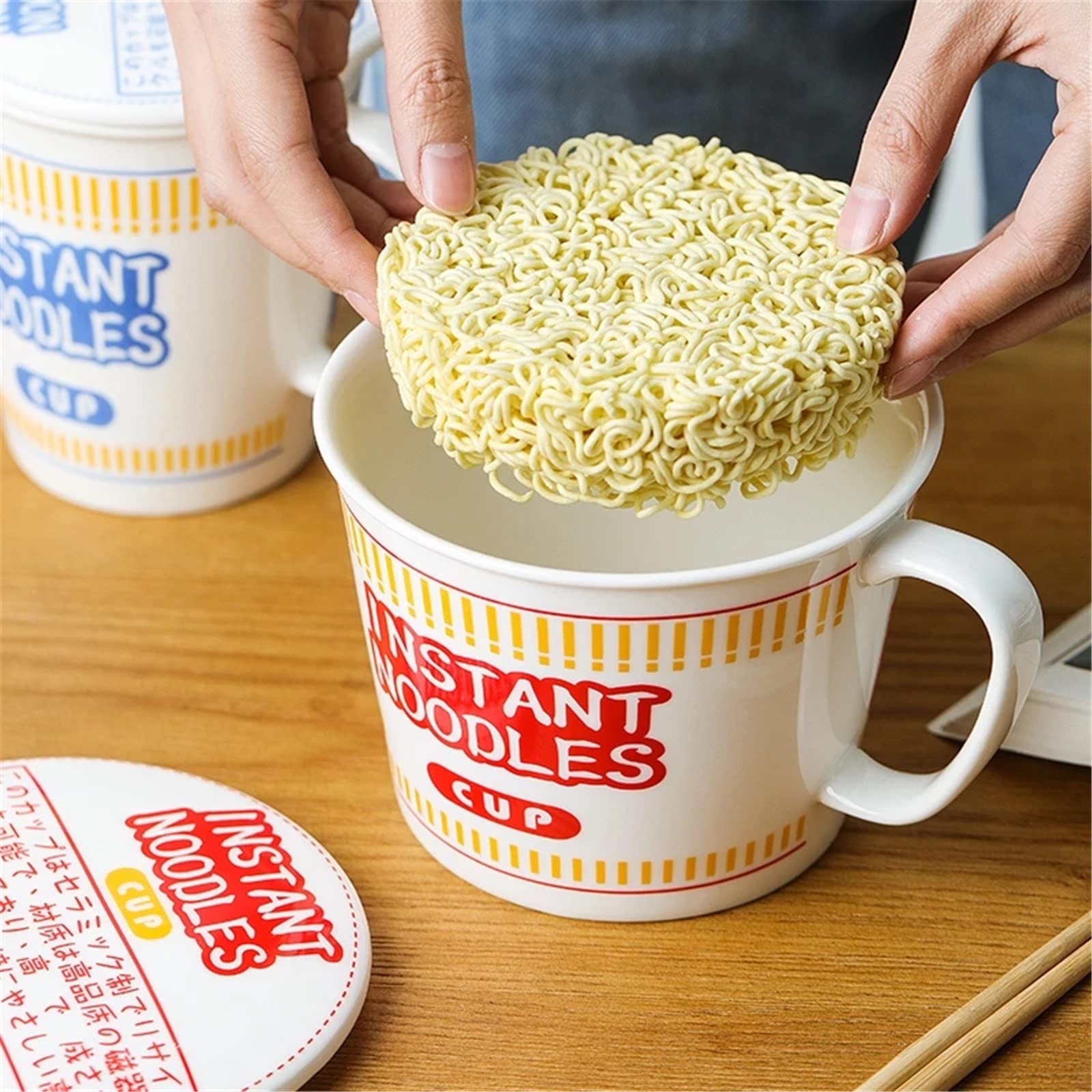 1000ml japanische Instant-Nudelschüssel, Tasse und Schüssel Instant-Nudeln, Mikrowellen-Keramik-Nudeln, Instant-Nudelschüssel mit großem Fassungsvermögen mit Deckel, Geschirr mit Griff