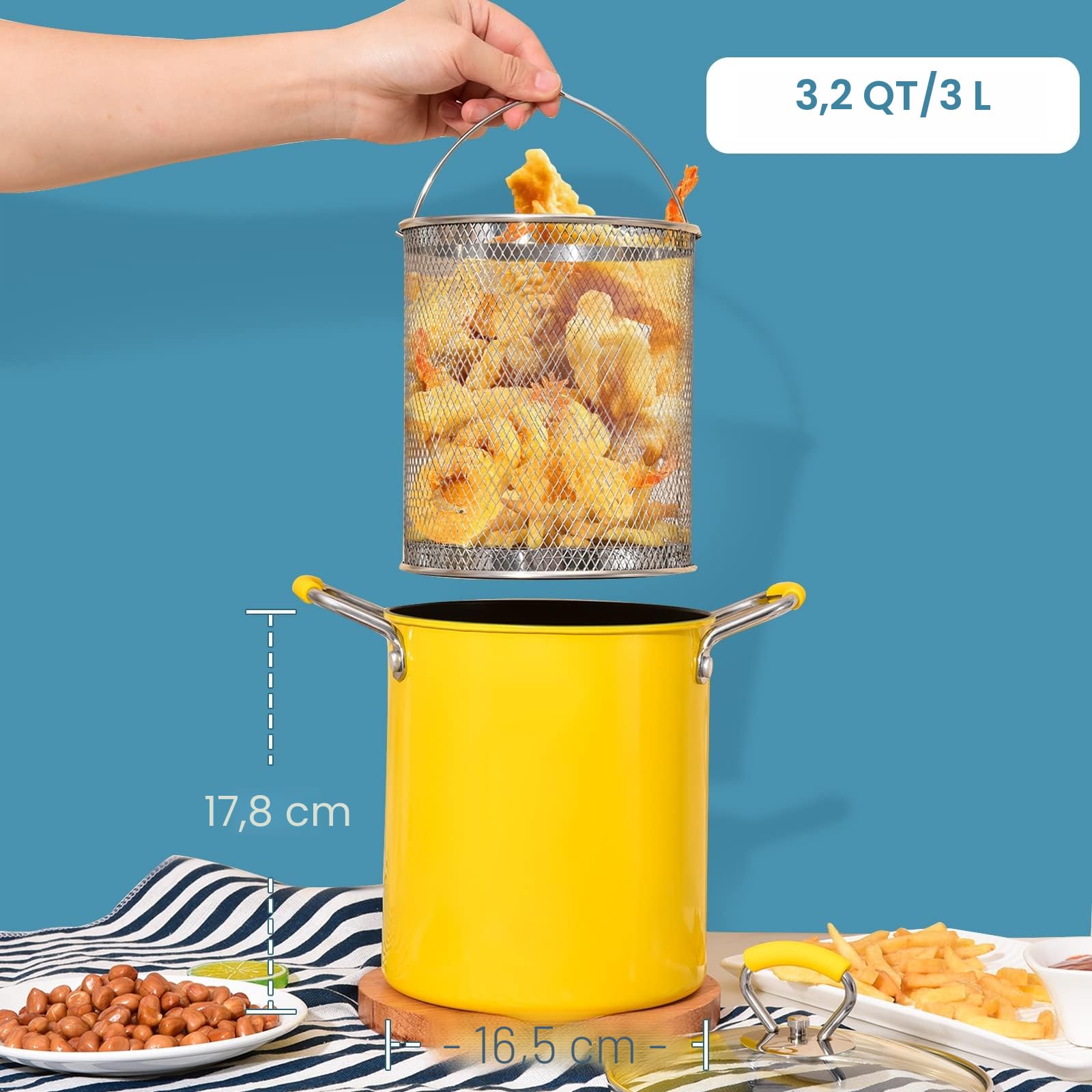 PARACITY Friggitrice 3L con Cestello, Padella Piccola con Manico in Silicone Antiscottatura, Acciaio Inossidabile 304, per Friggere Patatine Fritte, Pesce e Pollo