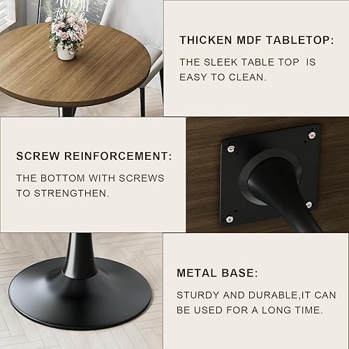 Miniatura 7 de Mesa pequeña de tulipanes de 24 pulgadas para 2 personas, mesa de comedor redonda de nogal para cocina, mesa moderna de mediados de siglo con base