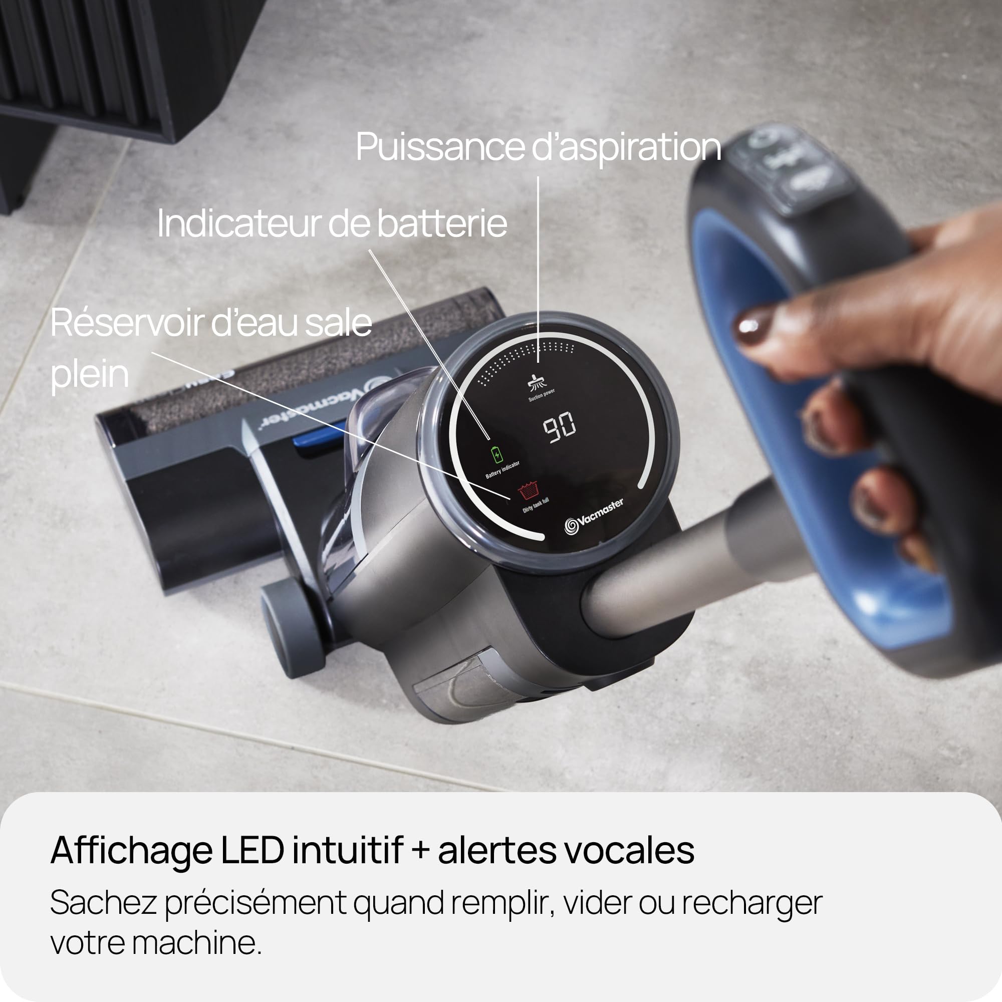 Vacmaster EasyClean 8 kPa HVA Aspirateur sans Fil Tout-en-Un et Balai serpillère pour Nettoyage Humide et Sec avec 3 Modes de Nettoyage, écran LED intuitif, Sortie vocale et Auto-Nettoyage