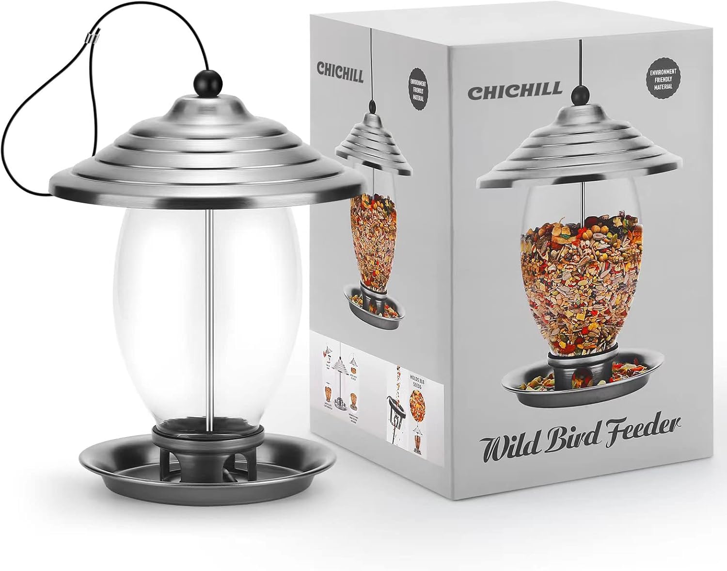 CHICHILL Bird Feeders, Hanging Bird Feeder for Outside, Metal and Glass