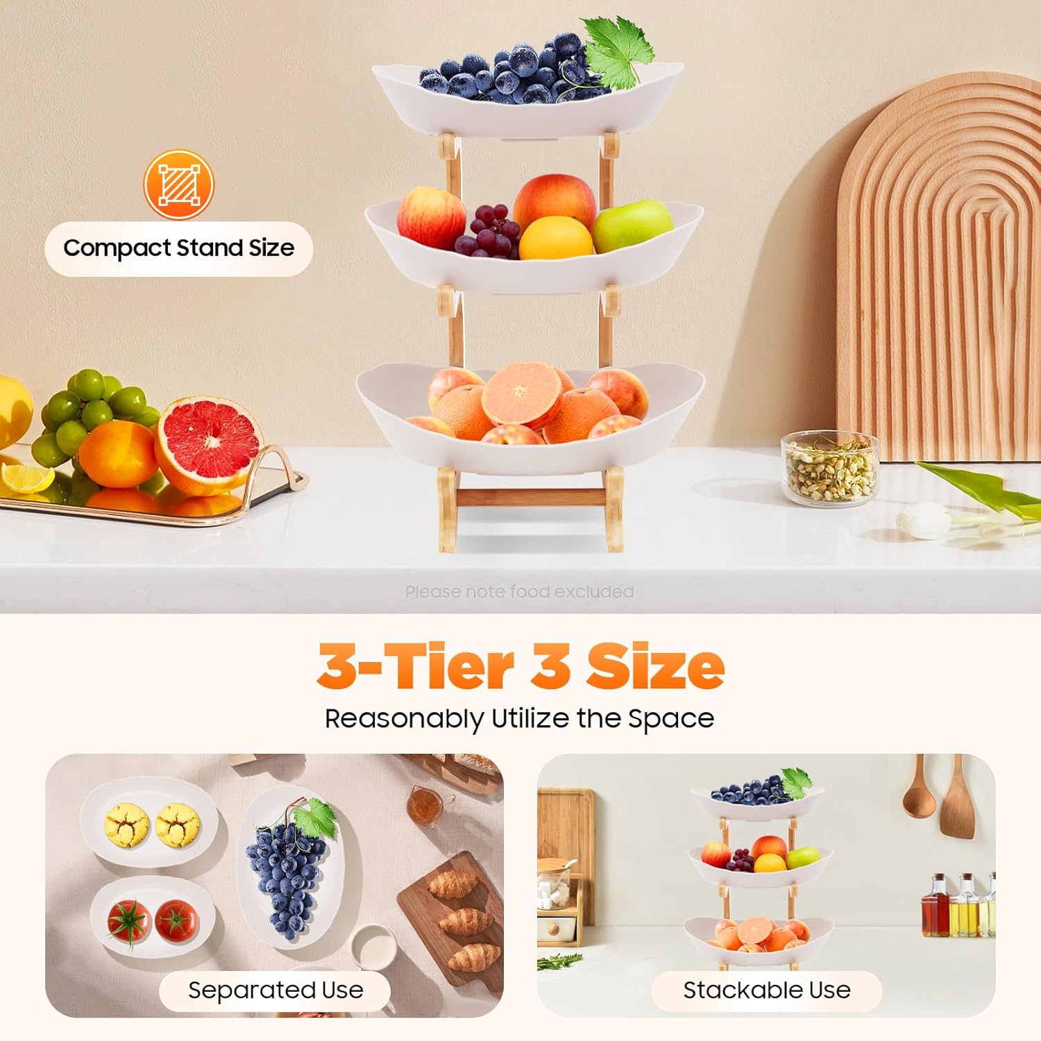 3 Tier Fruit Basket for Counter, Stackable Serving Stand for Fruits, Vegetables, Nuts, Cake & Desserts (Sturdy Collapsible Design, Perfect for Kitchen Countertop & Party Display)